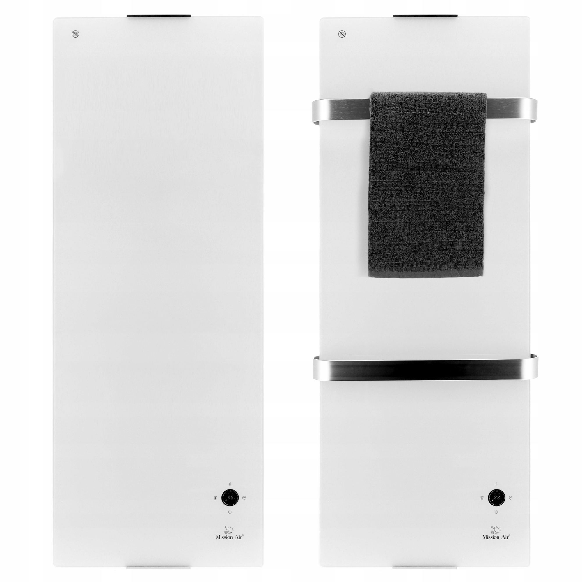 Biały panel z ciemnym ręcznikiem i srebrnymi prętami. Prawy panel ma ręcznik. Tekst: Mission Air.