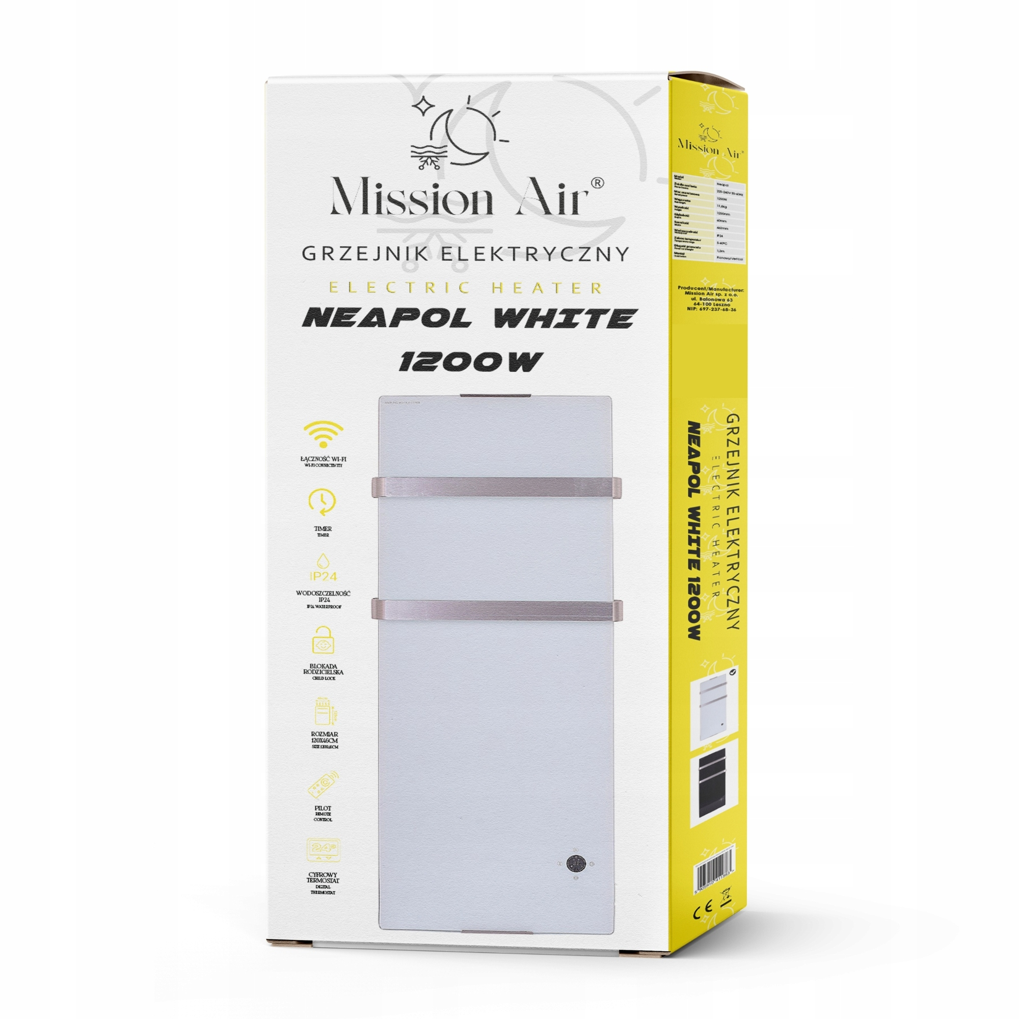 Białe pudełko grzejnika elektrycznego z tekstem, ikonami i szczegółami produktu. Żółty panel boczny z nazwą produktu.