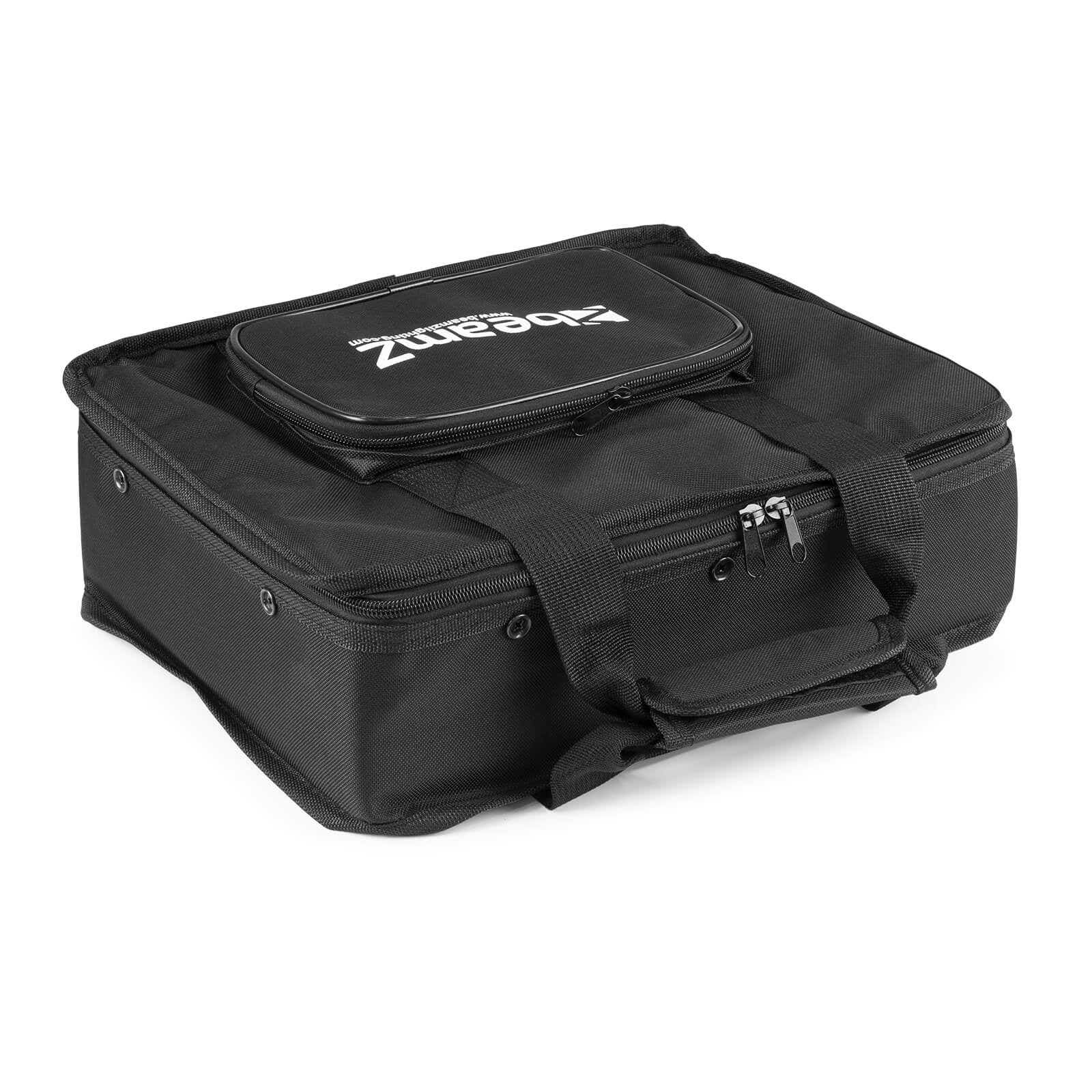 Bolsa Beamz negra sobre superficie blanca. Tiene un bolsillo pequeño con cremallera arriba y un asa. La bolsa está cerrada.