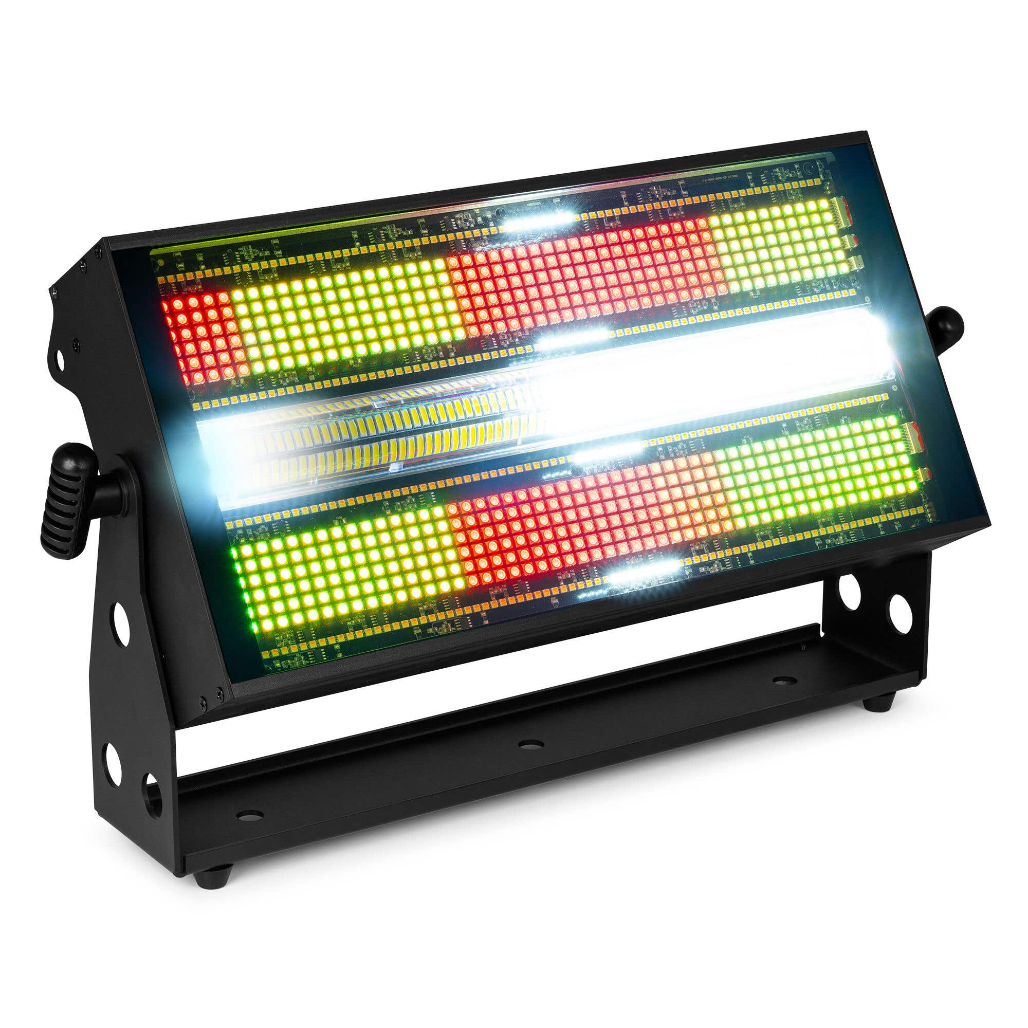 Un foco rectangular con LEDs rojos, verdes y blancos, montado sobre un soporte negro. Las luces están encendidas.