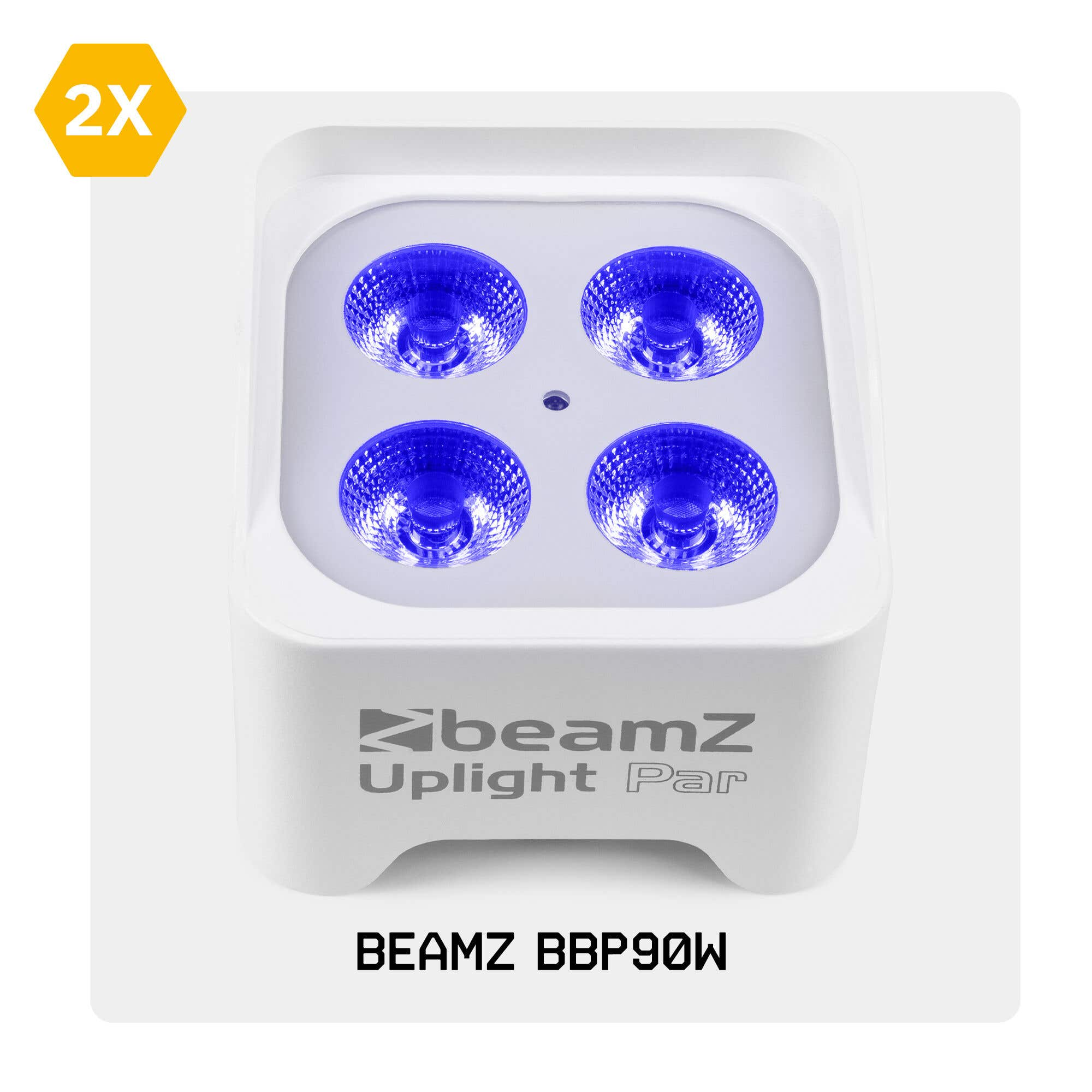 Un Beamz Uplight Par blanco con cuatro luces azules. El texto 'beamZ Uplight Par' y 'BEAMZ BBP90W' son visibles.