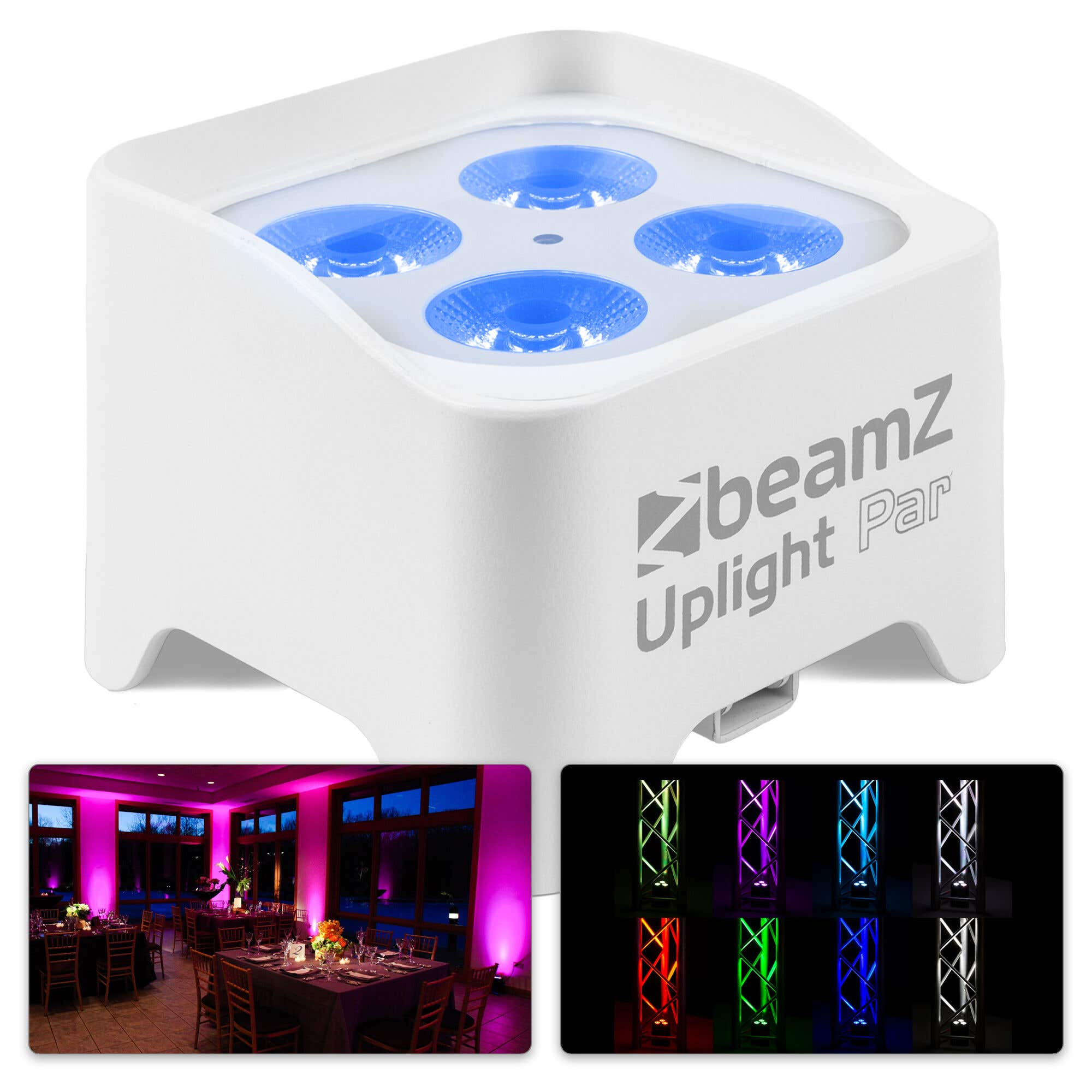 Beamz Uplight Par blanco con luces azules. Dos imágenes más pequeñas muestran un salón de banquetes y pantallas de luz de colores.