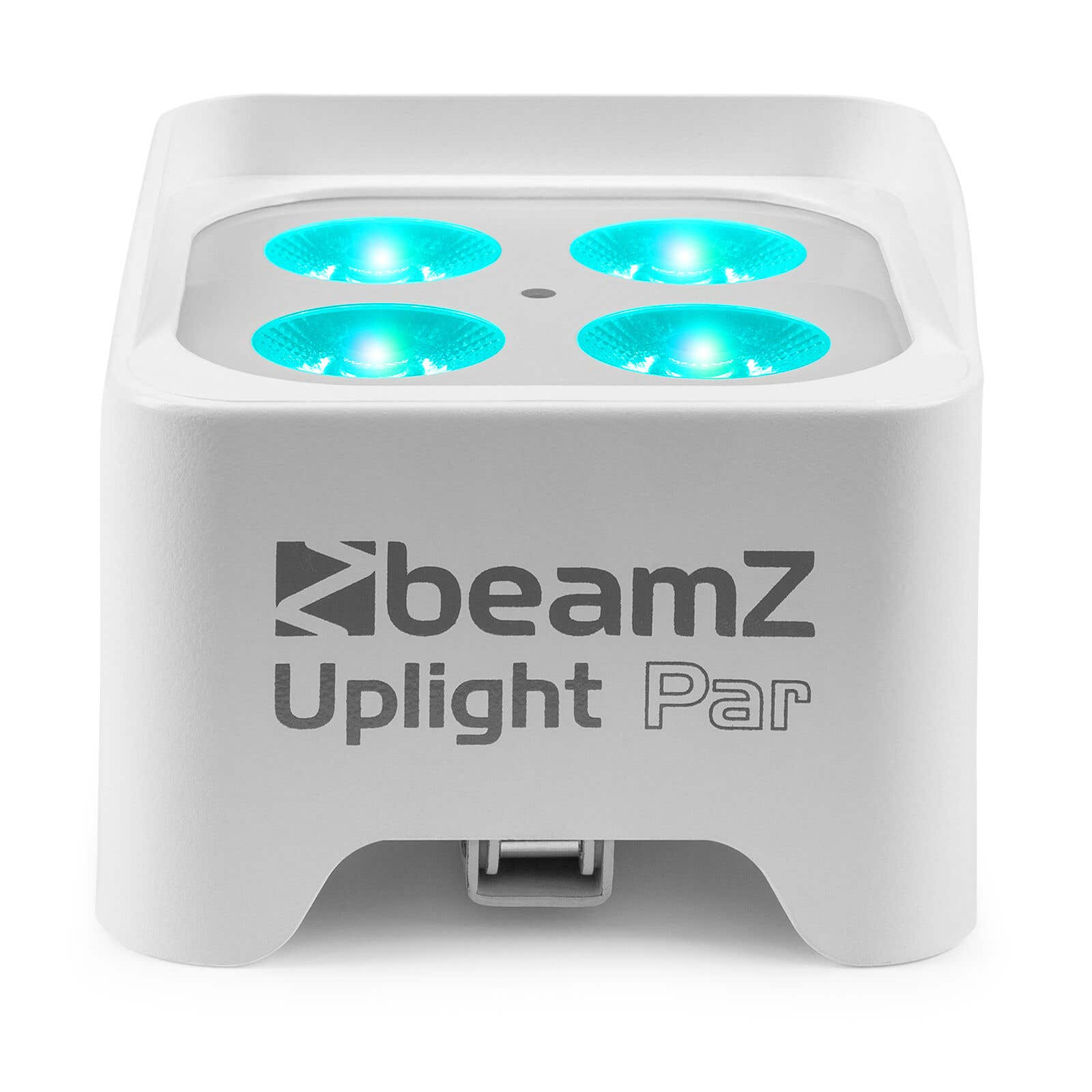 BeamZ Uplight Par blanco con cuatro luces azules iluminadas. La marca es visible al frente.