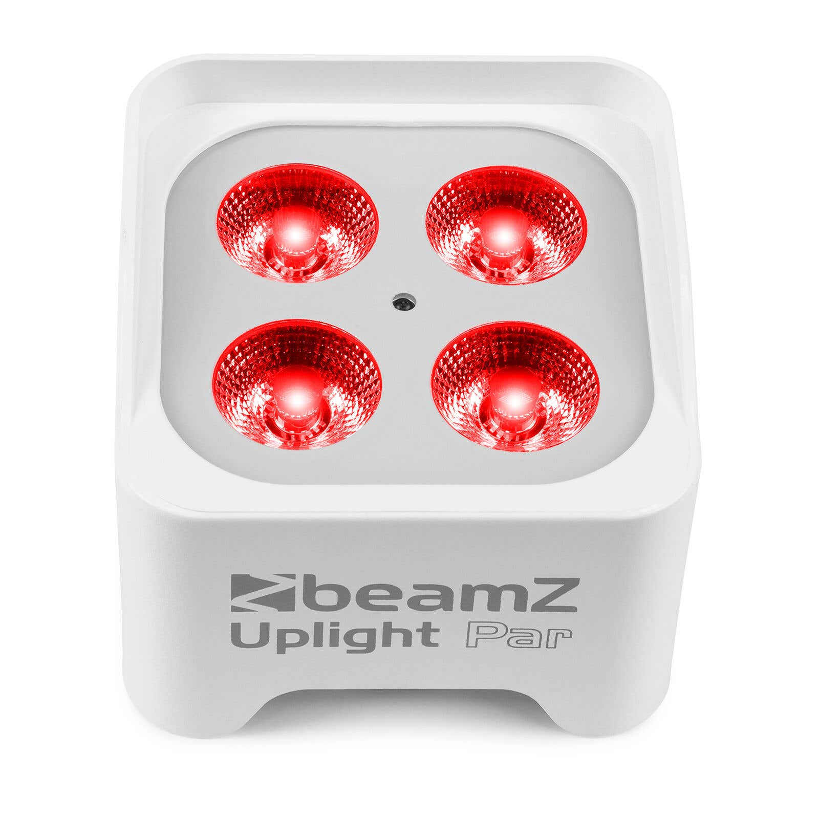 Un Beamz Uplight Par blanco con cuatro luces rojas. El nombre de la marca es visible al frente.