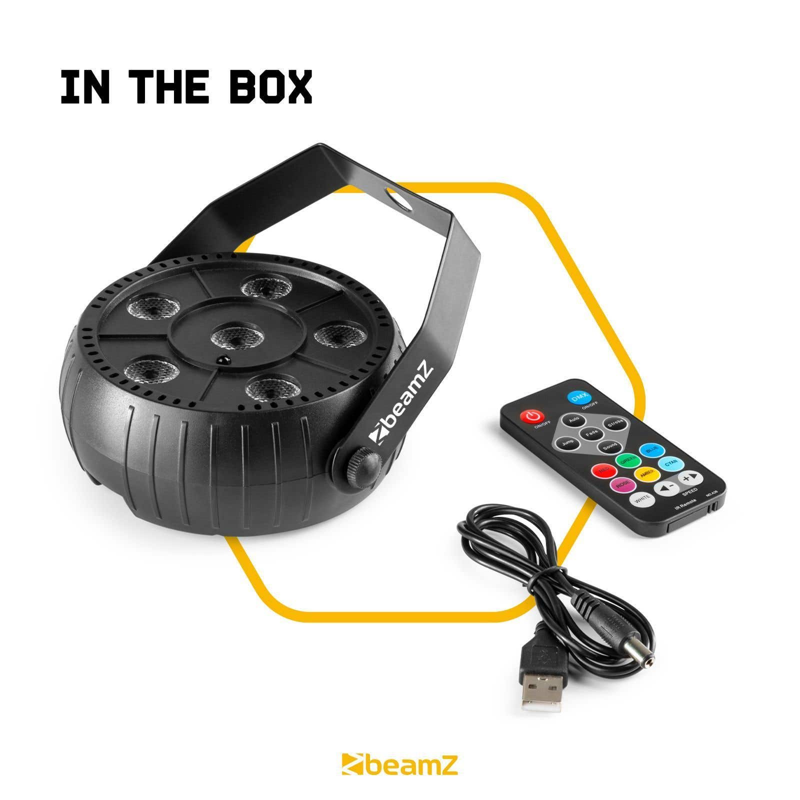 Luz negra Beamz con mando a distancia, cable USB y las palabras 'IN THE BOX'. El fondo es blanco.