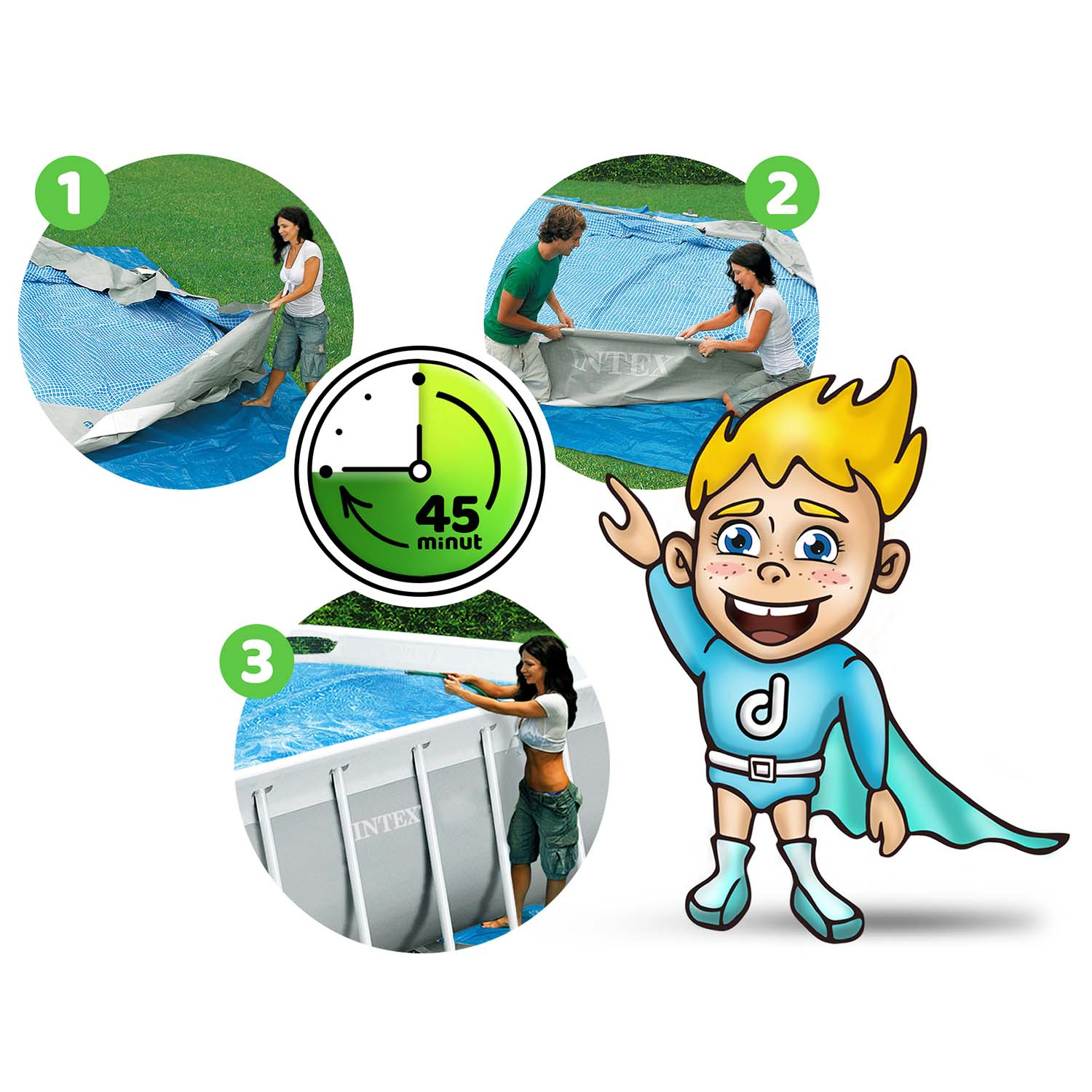 Obraz przedstawia kroki montażu basenu. Ludzie ustawiają basen Intex. Kreskówkowy superbohater wskazuje na kroki.