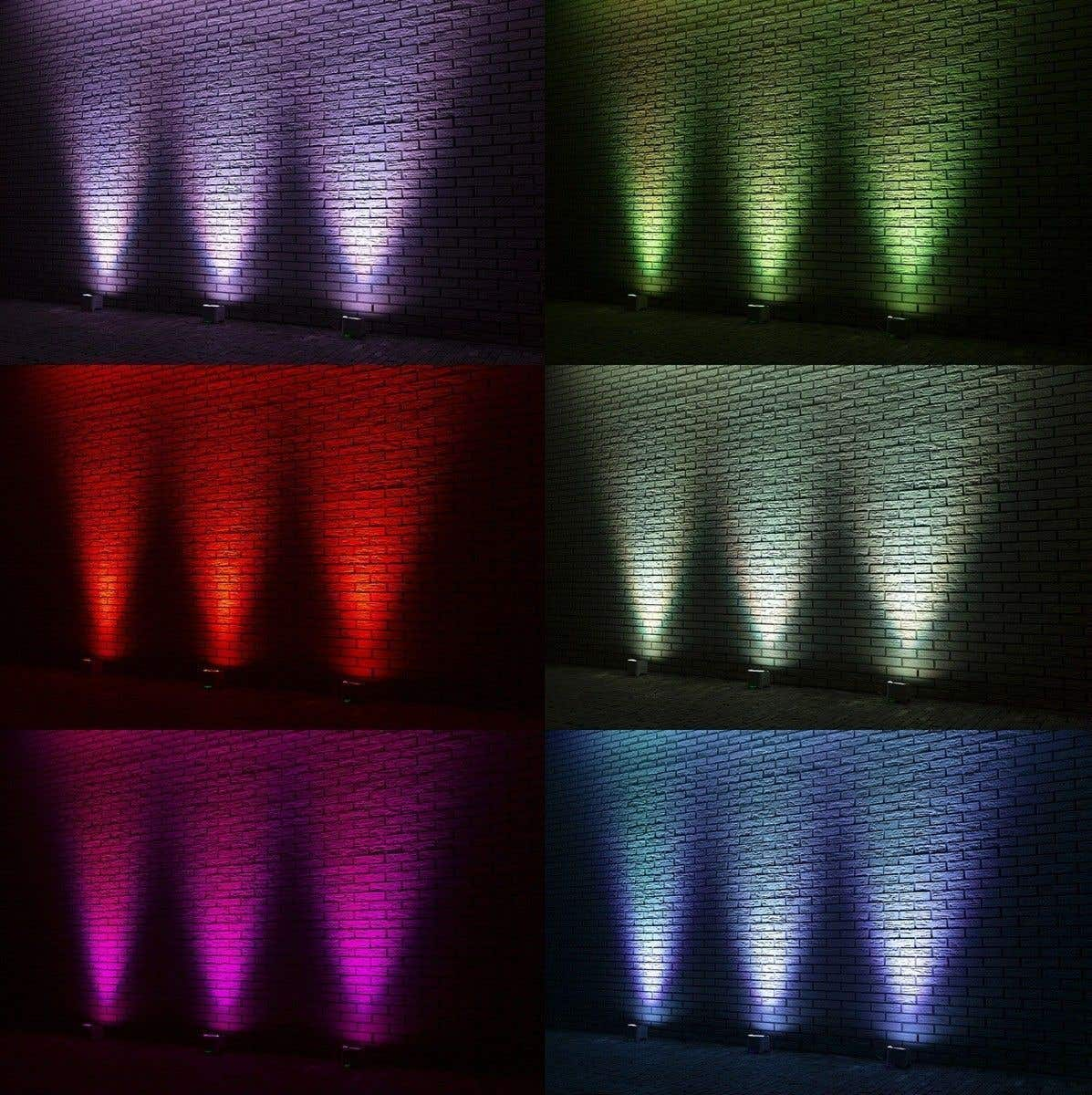 Seis imágenes de una pared de ladrillo iluminada por focos de colores. Los colores incluyen morado, verde, rojo, blanco, rosa y azul.