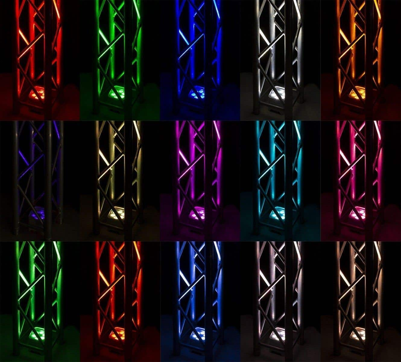 Una cuadrícula de imágenes que muestra estructuras metálicas de armazón iluminadas por luces de varios colores, incluyendo rojo, verde, azul y morado.