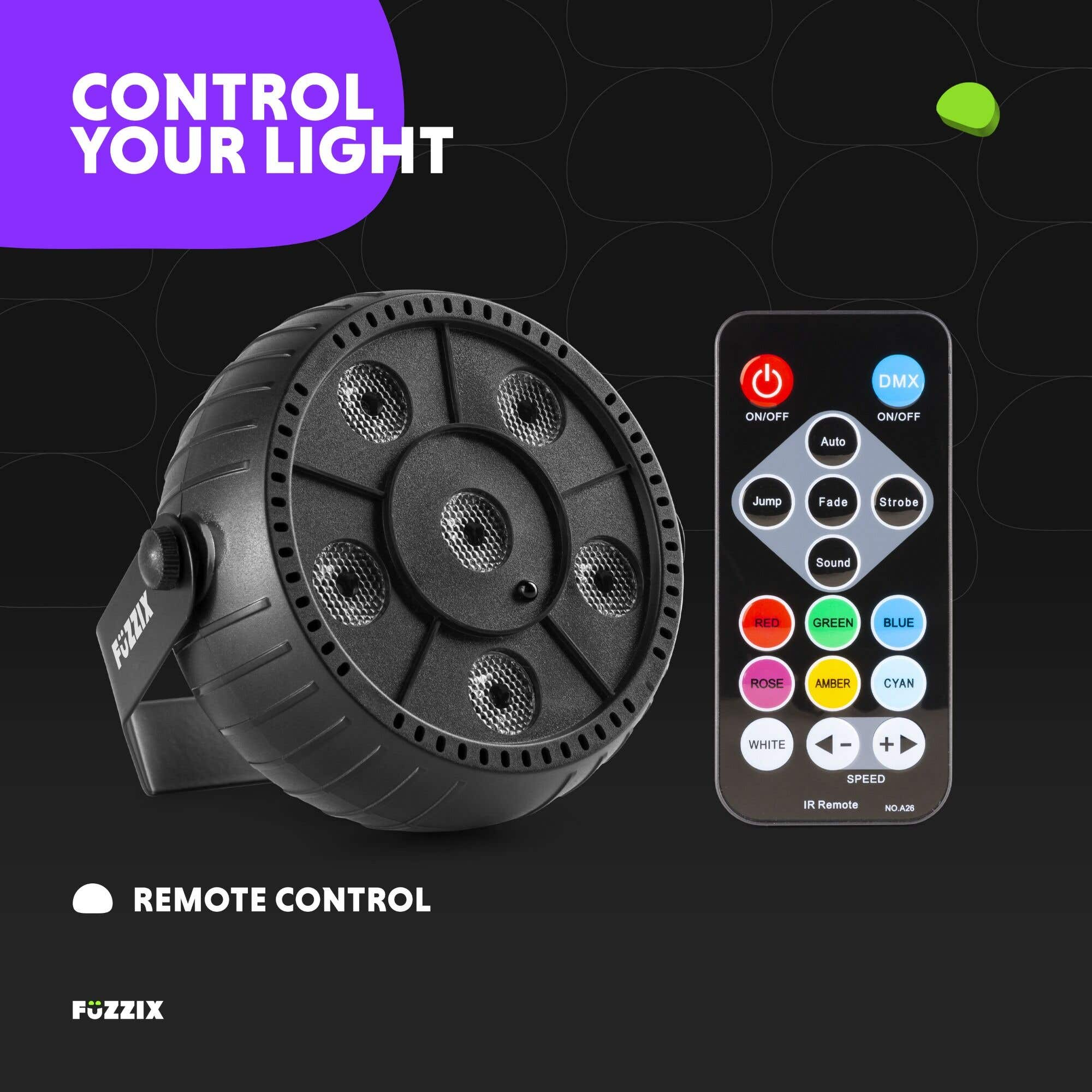 Una luz de escenario negra y un control remoto. El control remoto tiene botones de color. El texto dice 'Control Your Light'.