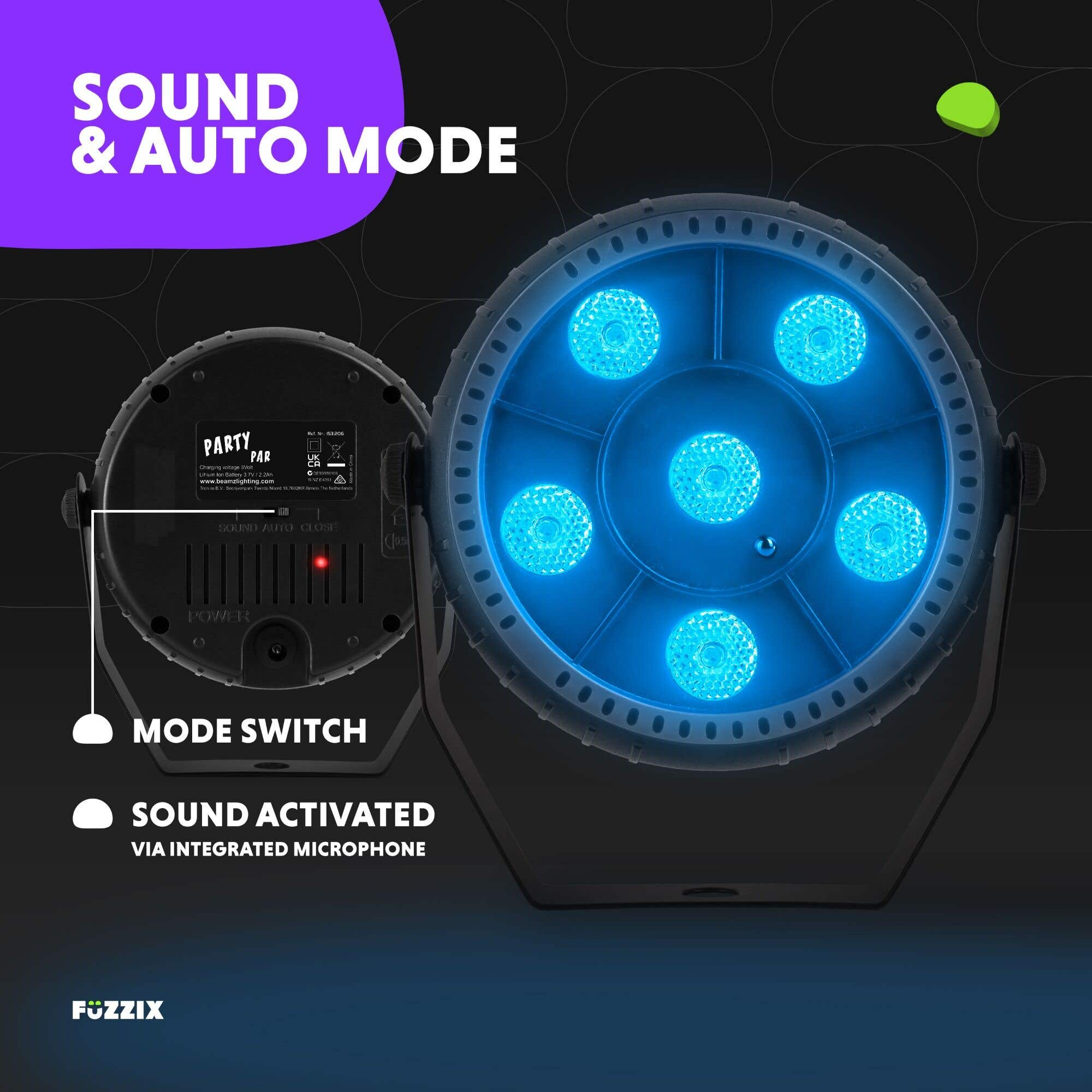 Una luz de fiesta con luces azules. Tiene un interruptor de modo y se activa por sonido.