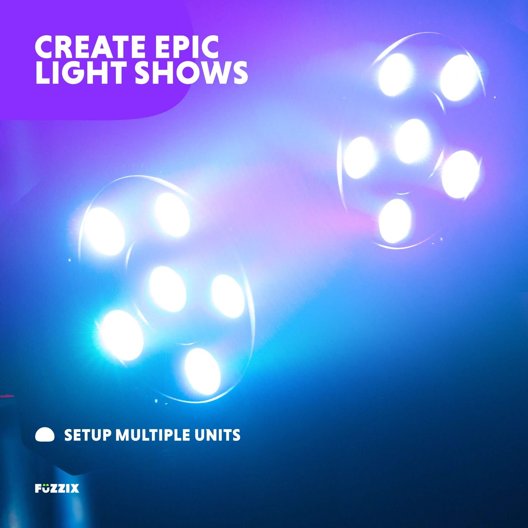 La imagen muestra luces de escenario. El fondo tiene un degradado azul y morado. El texto dice 'CREA ESPECTÁCULOS DE LUCES ÉPICOS'.