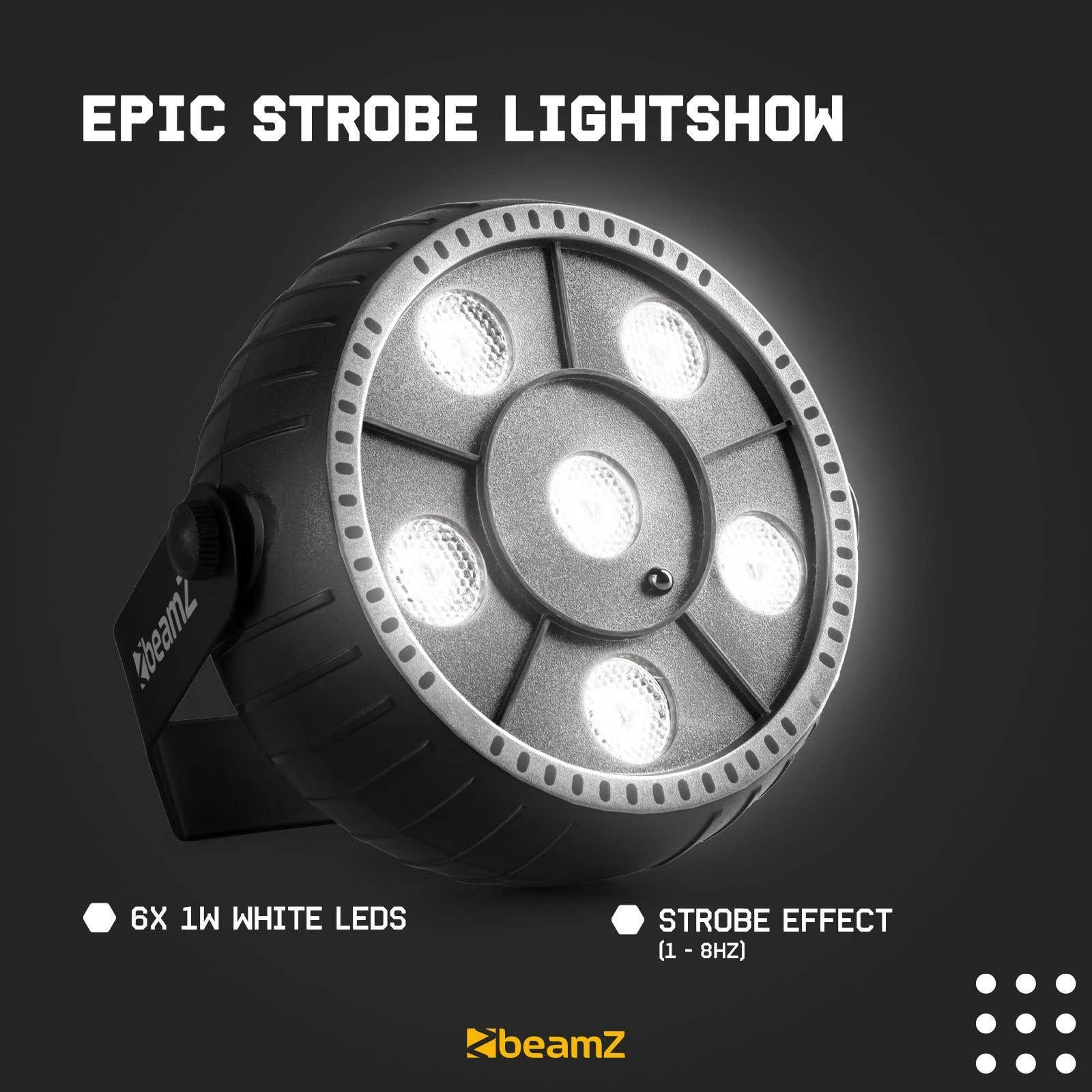 Una luz estroboscópica negra con LEDs blancos. Texto: 'Epic Strobe Lightshow', '6x 1W White LEDs' y 'Strobe Effect (1-8HZ)'.