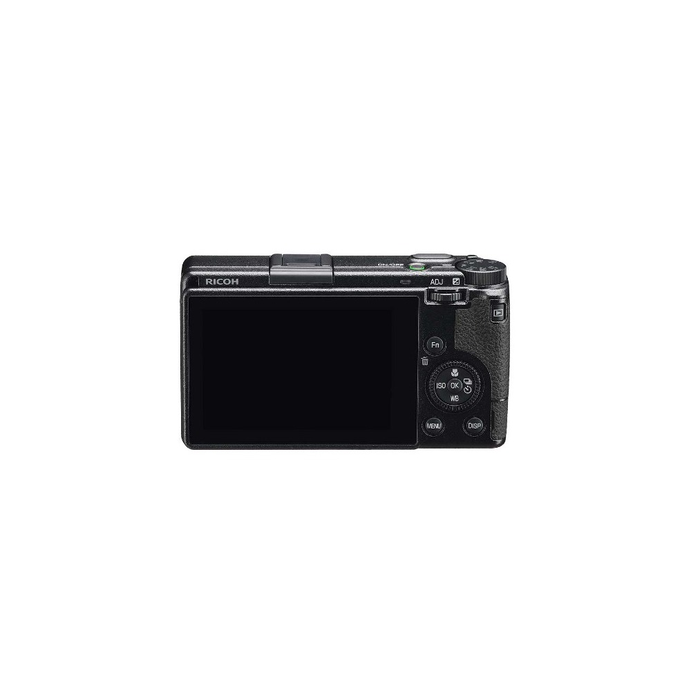 Eine digitale Ricoh-Kamera von hinten. Sie hat einen schwarzen Bildschirm und mehrere Knöpfe für Einstellungen. Der Hintergrund ist weiß.