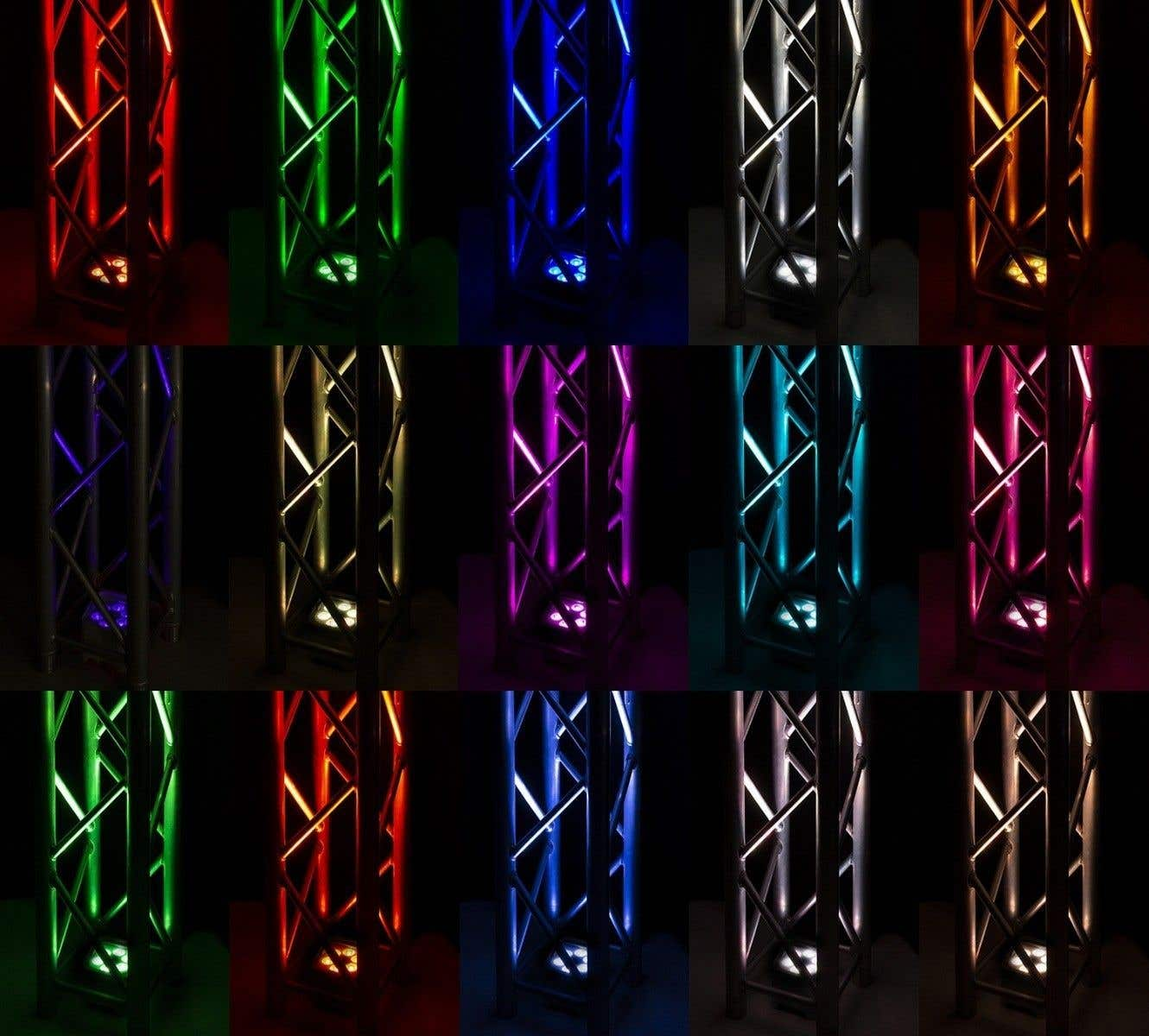 Una cuadrícula de imágenes que muestra estructuras de armazón metálico iluminadas con varios colores, incluyendo rojo, verde, azul y blanco, sobre un fondo negro.