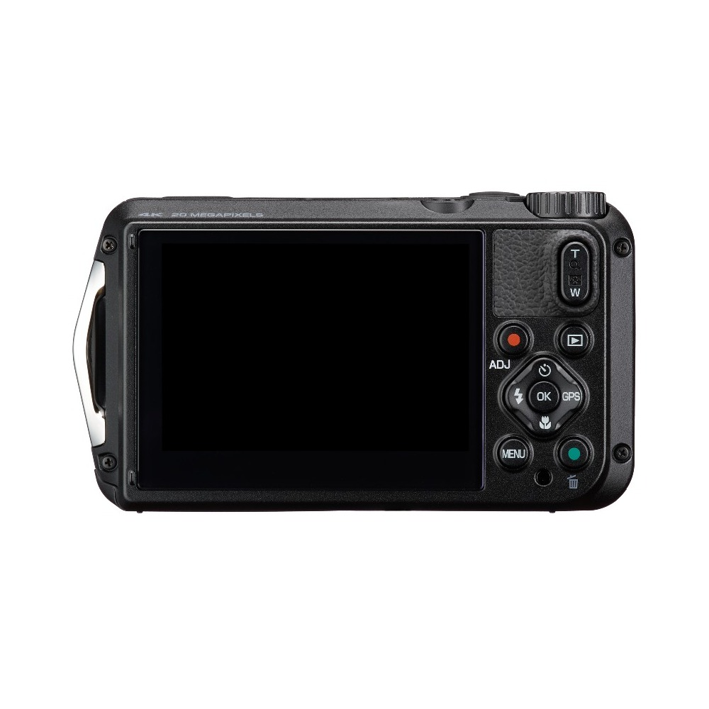 Eine schwarze Digitalkamera. Sie hat einen großen schwarzen Bildschirm und Tasten für Menü, Zoom und andere Funktionen.