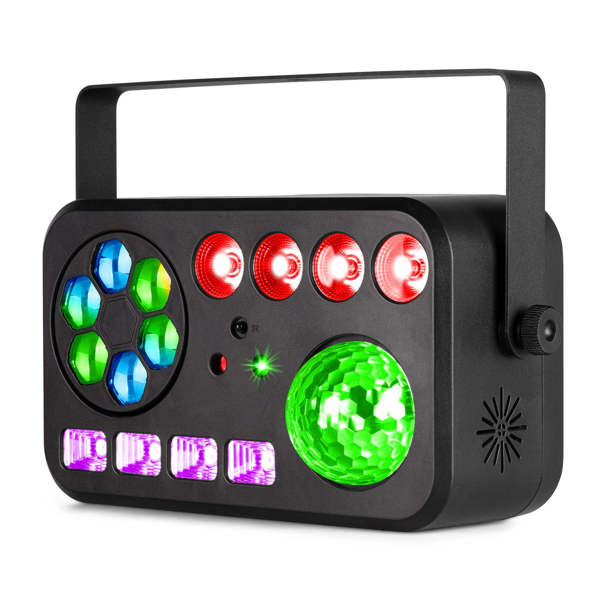 Luz de escenario negra con asa. Tiene luces rojas, verdes, azules y moradas. Está sobre un fondo blanco.