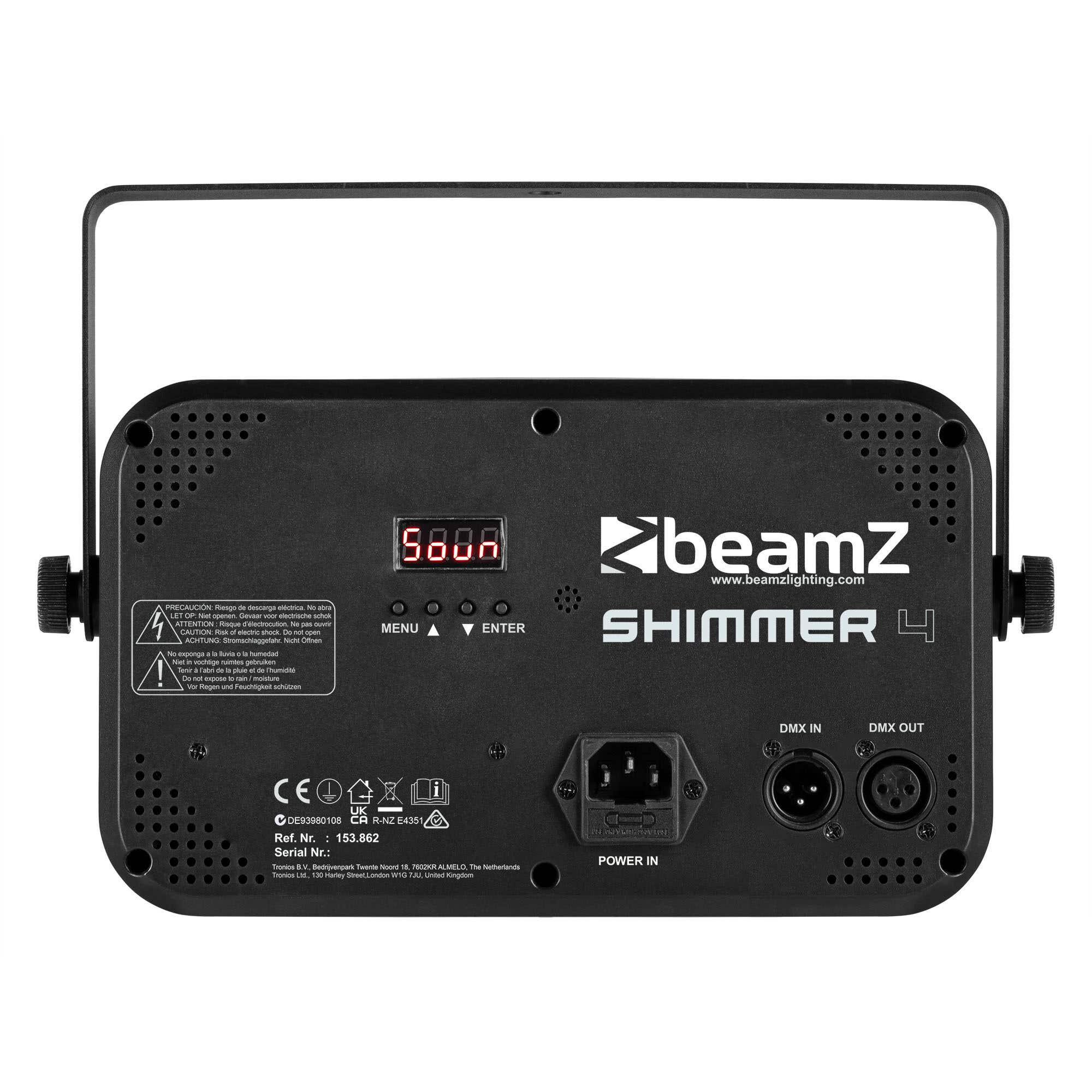 Dispositivo negro Beamz Shimmer 4 con botones, pantalla y puertos. Características: advertencias, entrada de energía y conexiones DMX.