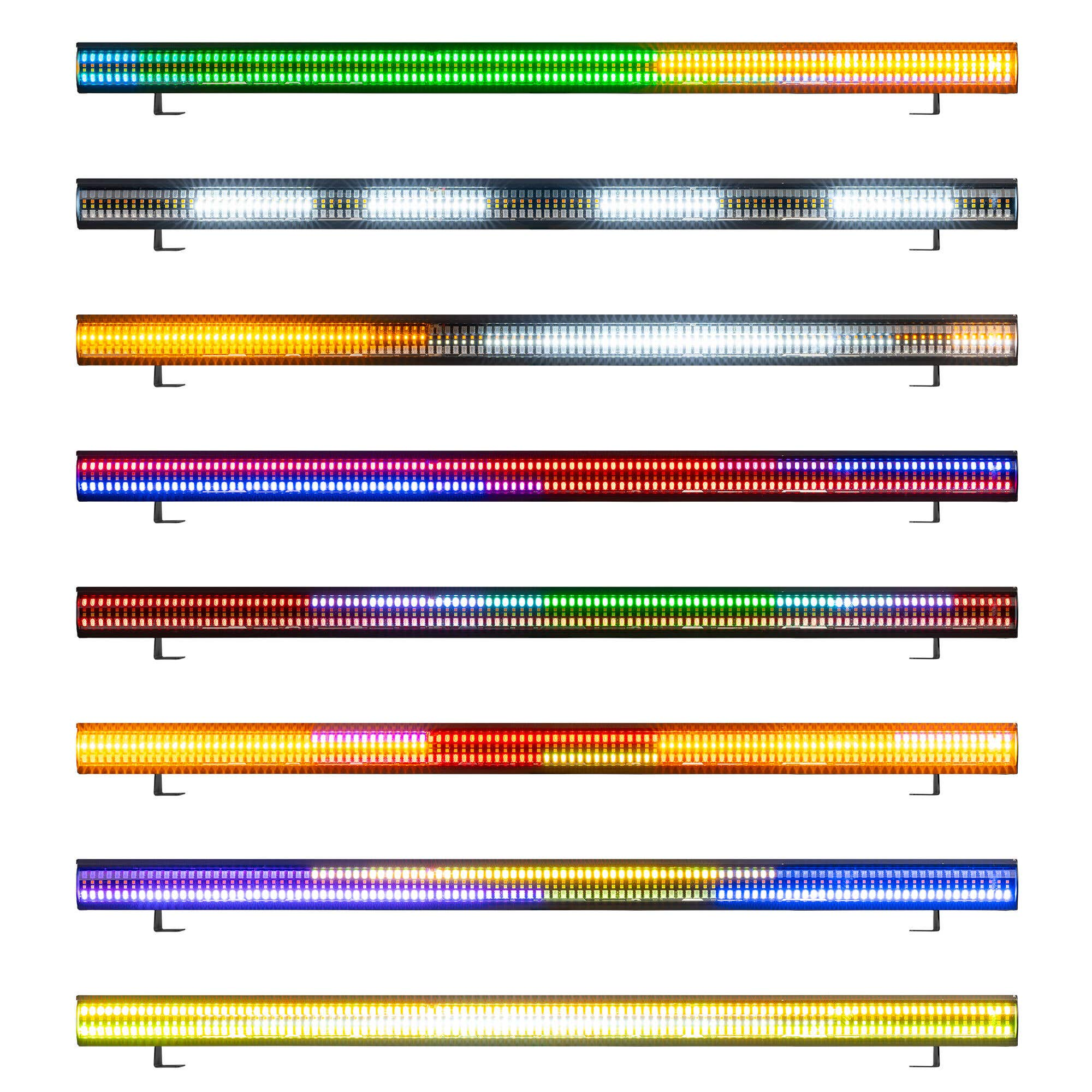Nueve luces LED lineales con varios patrones de color, incluyendo verde, blanco, amarillo, rojo y azul, sobre un fondo blanco.