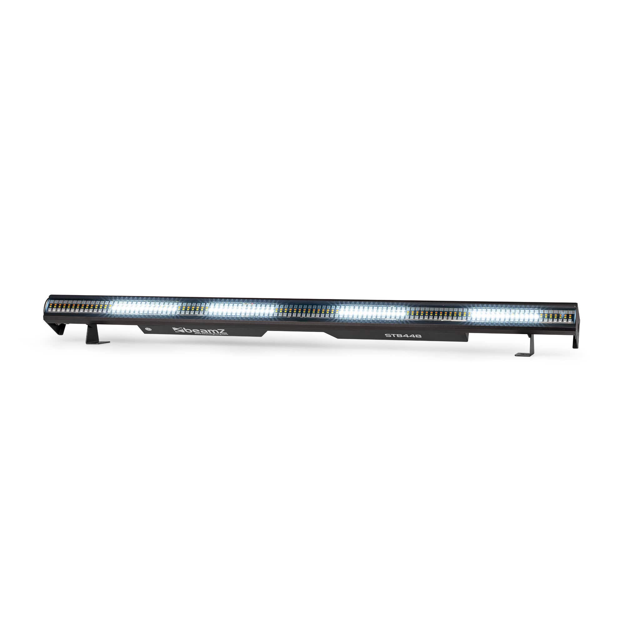 Una barra de luz LED negra con luces blancas y amarillas. Tiene la marca 'beamz' y el modelo 'STB448'.