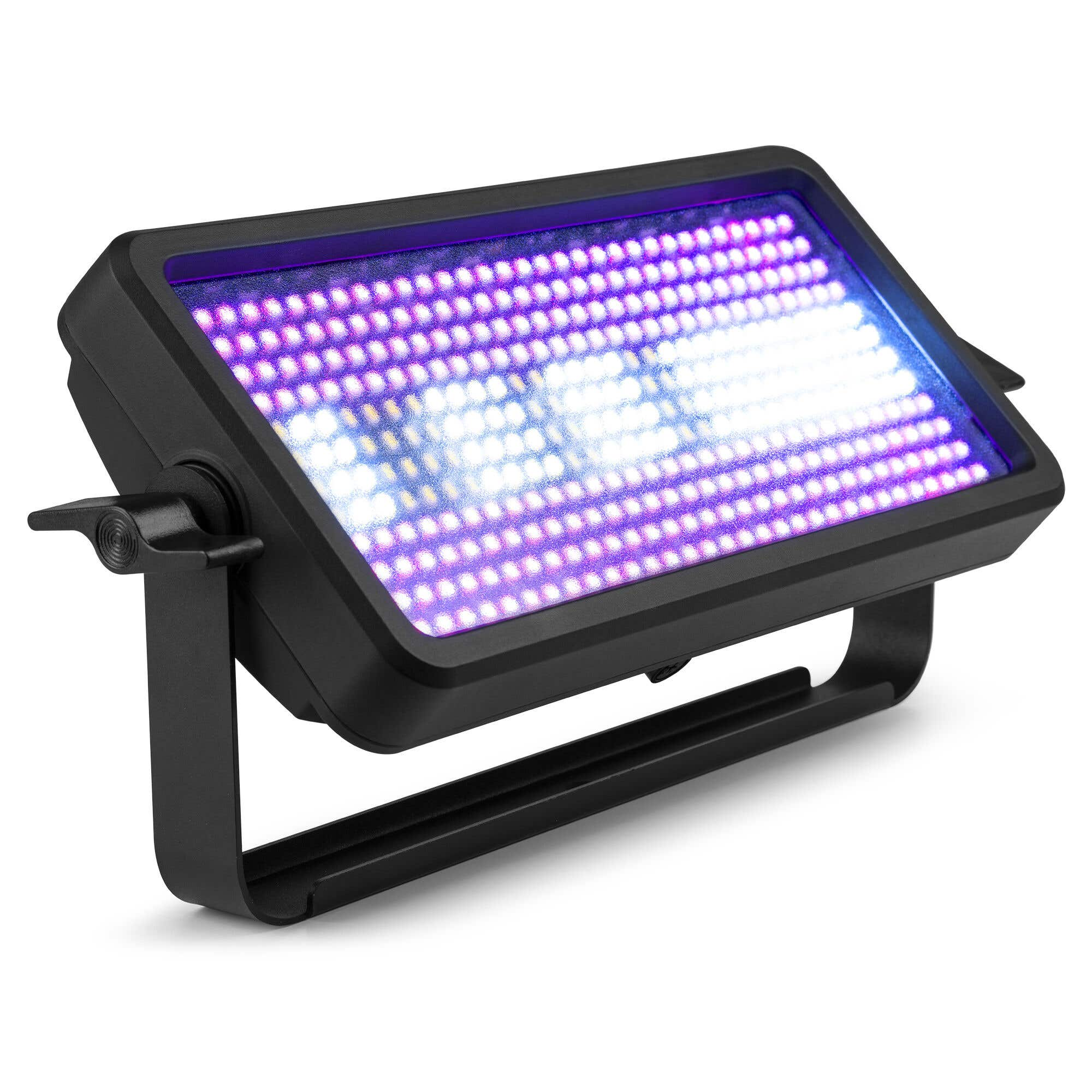 Luminaria LED rectangular negra sobre un soporte. La luz emite un patrón de luces púrpuras y blancas.