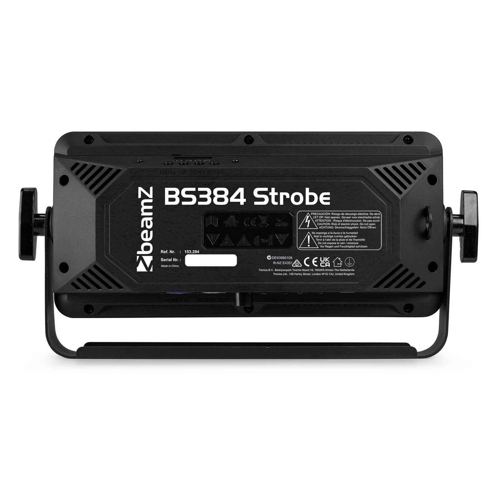 Luz estroboscópica negra con el nombre 'beamz BS384 Strobe'. Tiene símbolos de advertencia e información reglamentaria. Marco y soporte negros.