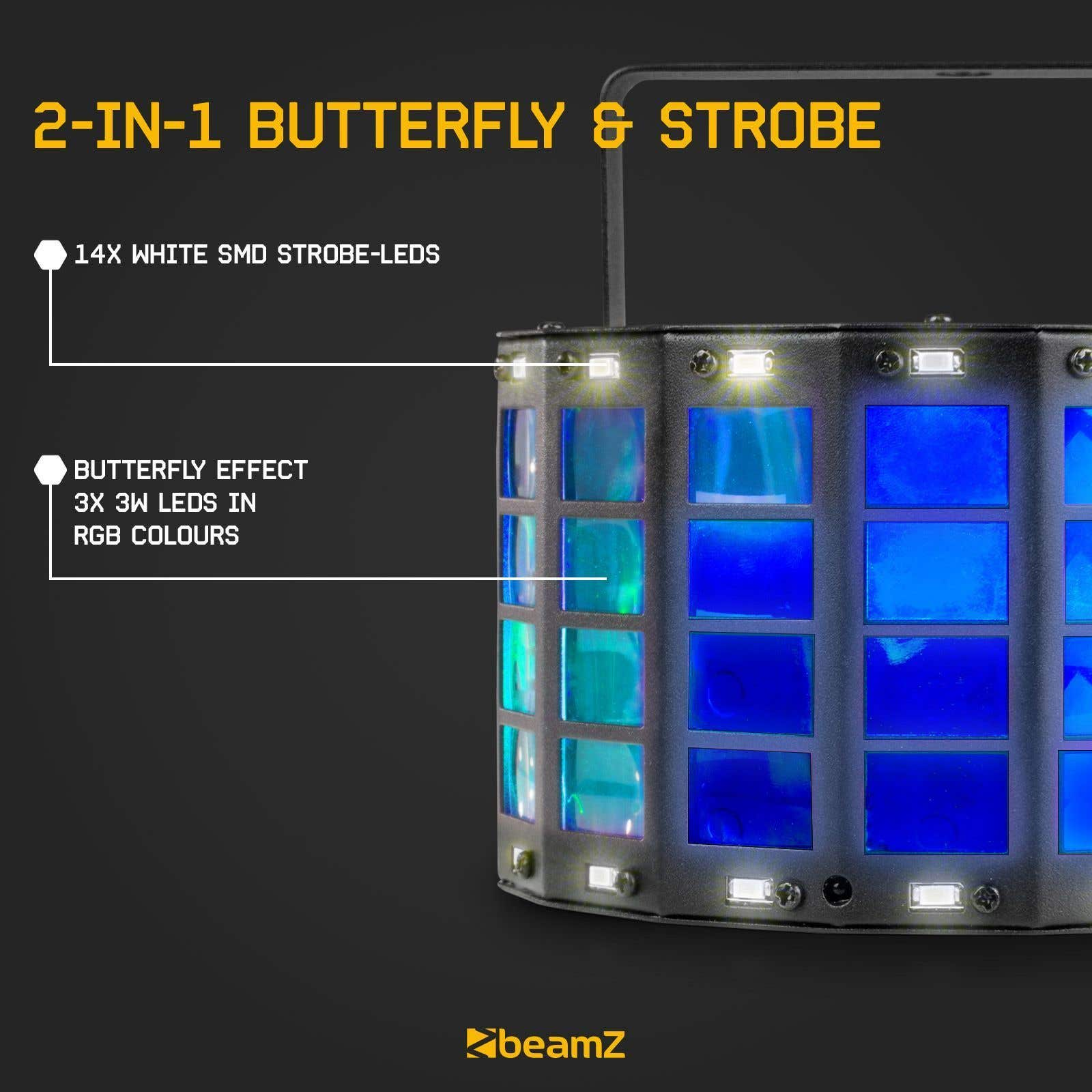 Una luz estroboscópica y de mariposa 2 en 1. Tiene LED blancos y LED de color RGB. El fondo es gris oscuro.