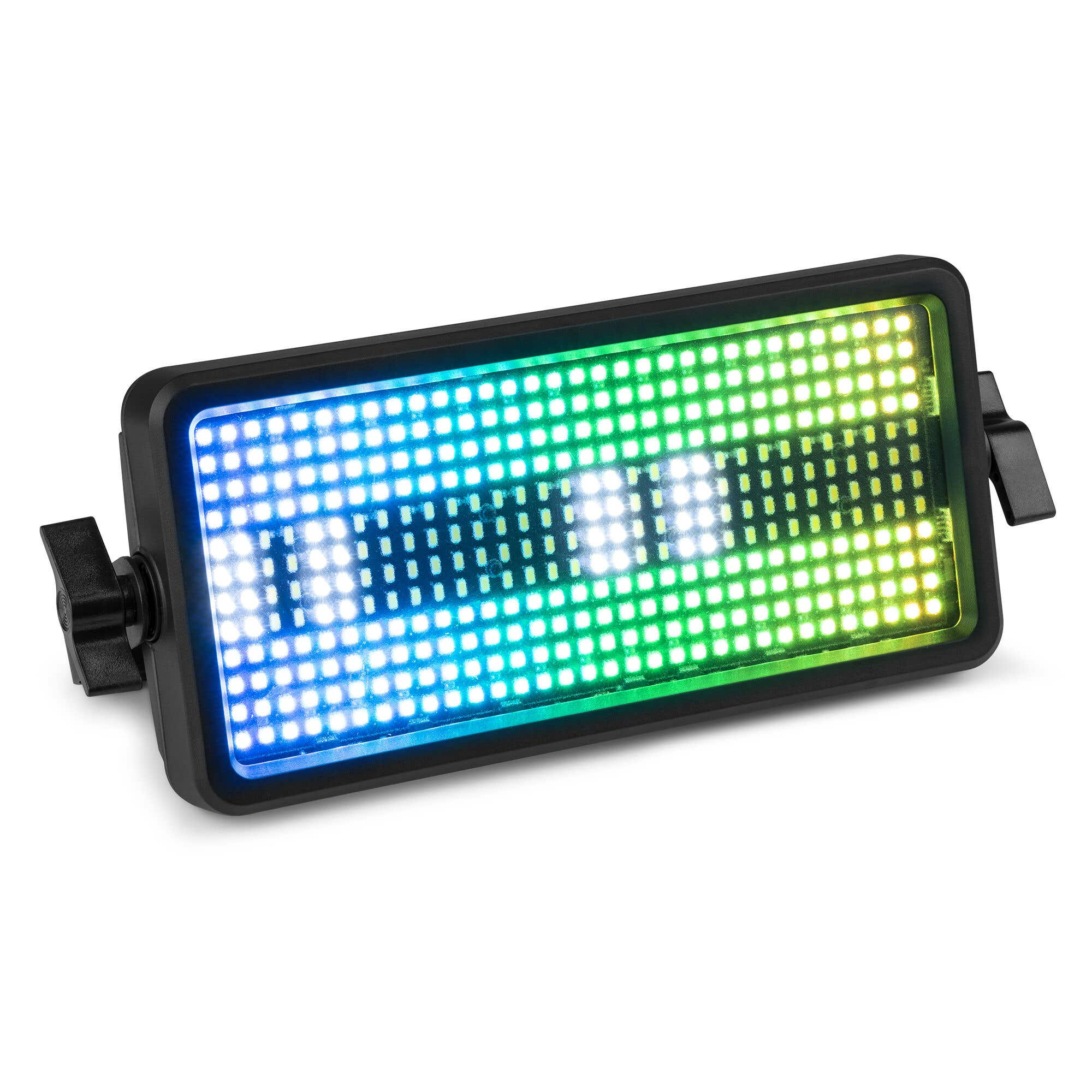 Panel de luz LED con luces azules, verdes y blancas. Marco negro y perillas laterales.
