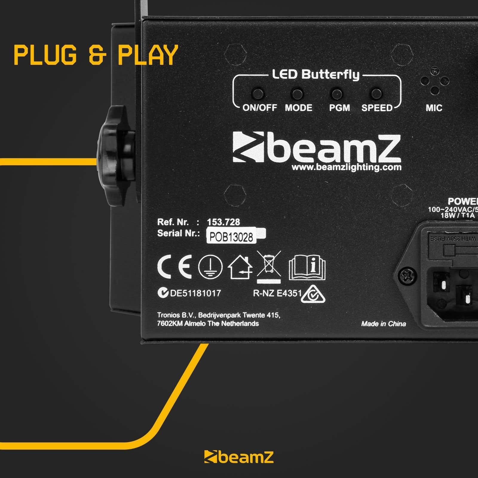 Dispositivo LED Beamz negro con controles, logotipo y texto. El texto incluye 'Plug & Play', 'LED Butterfly' y otras especificaciones.