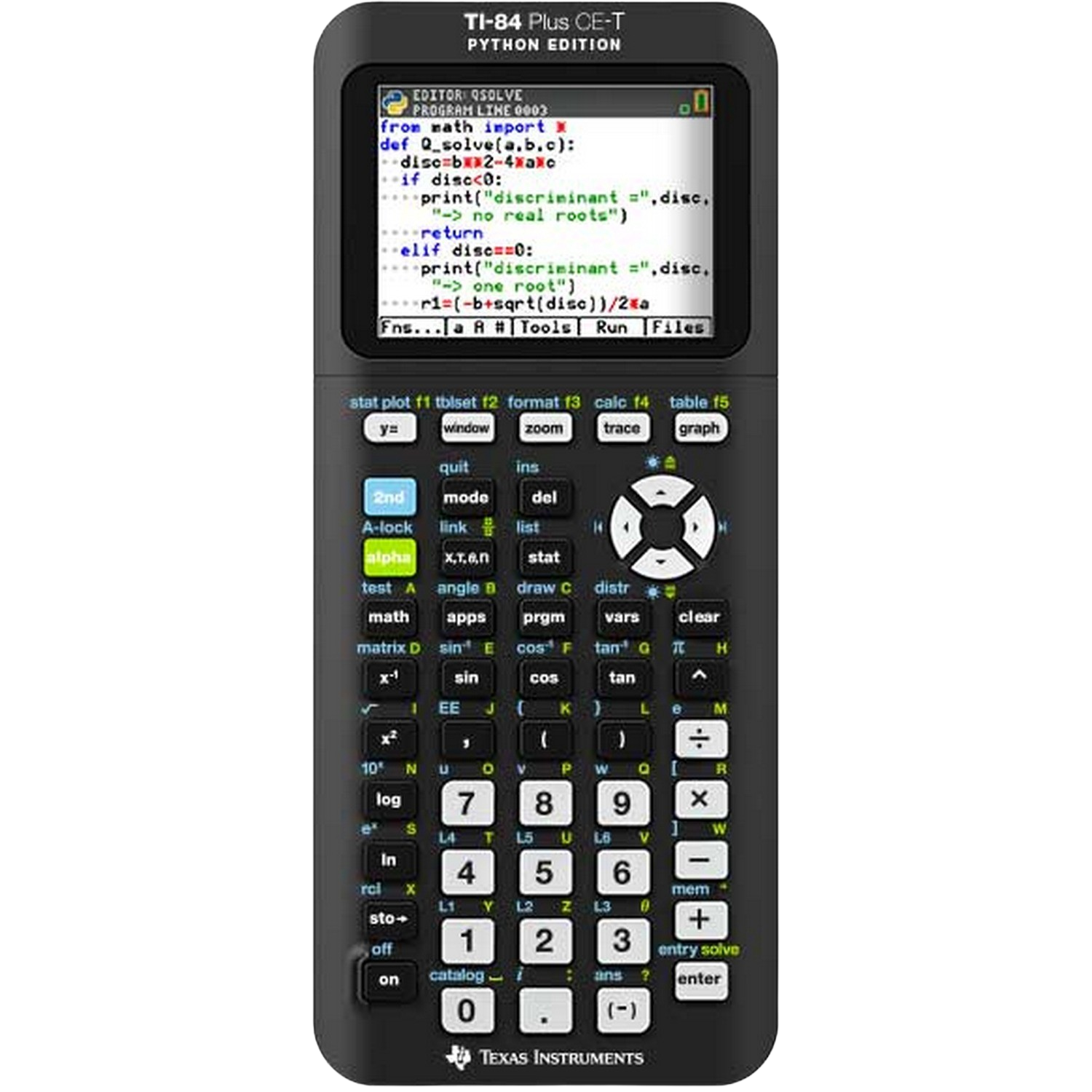 Kalkulator TI-84 Plus CE-T wyświetla kod Python i ma wiele przycisków.