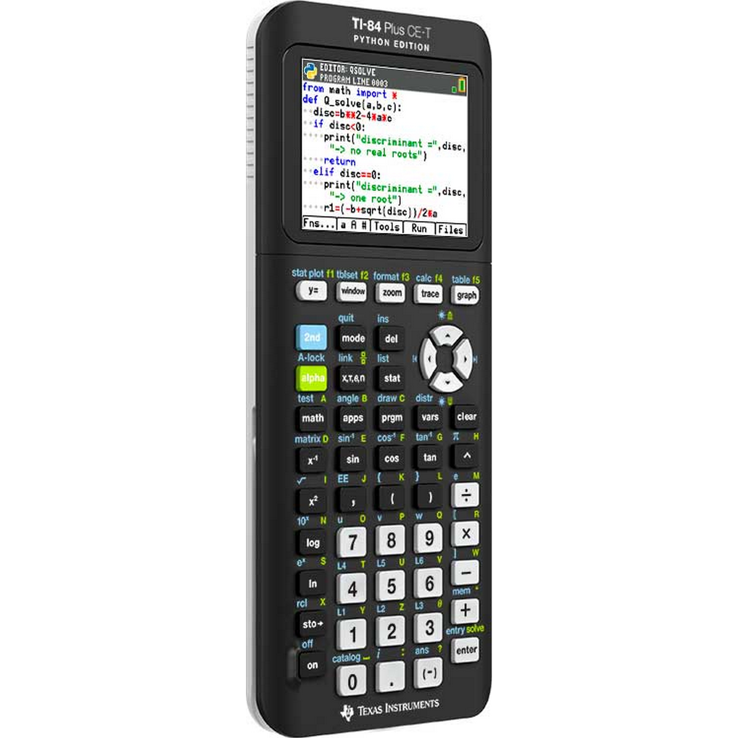 Czarny kalkulator Texas Instruments TI-84 Plus CE-T z wyświetlonym programem Python na ekranie.