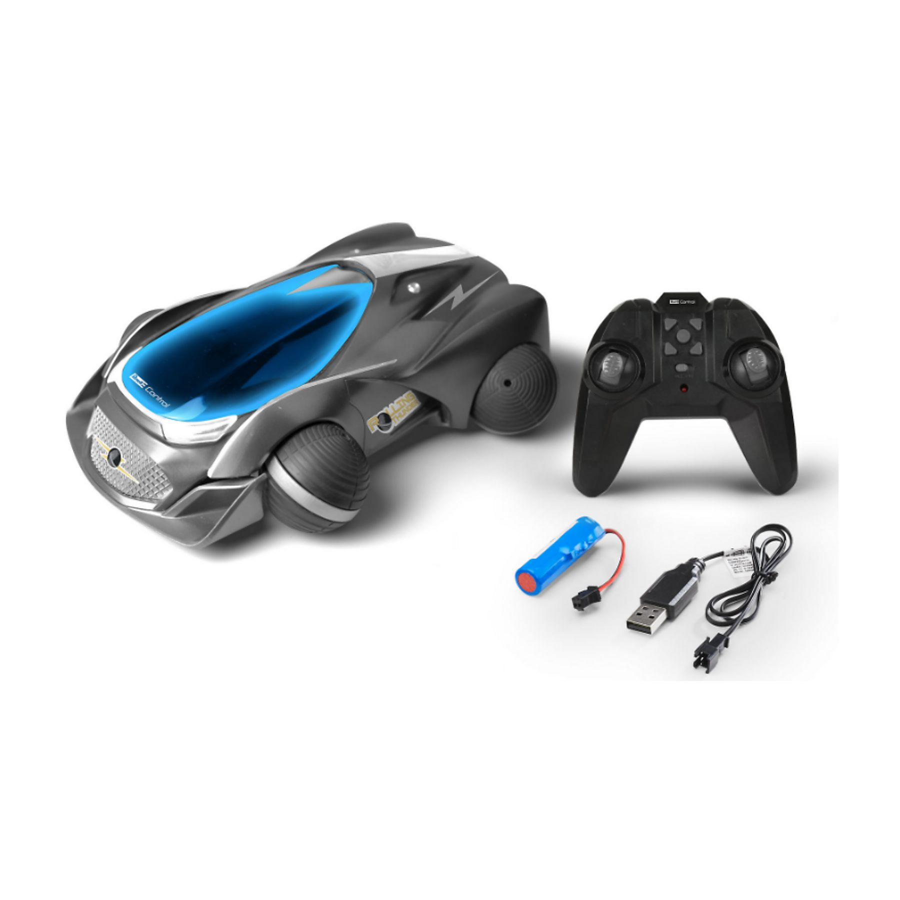 Ein graues RC-Auto mit blauer Windschutzscheibe, Fernbedienung, Akku und USB-Ladekabel auf weißer Oberfläche.