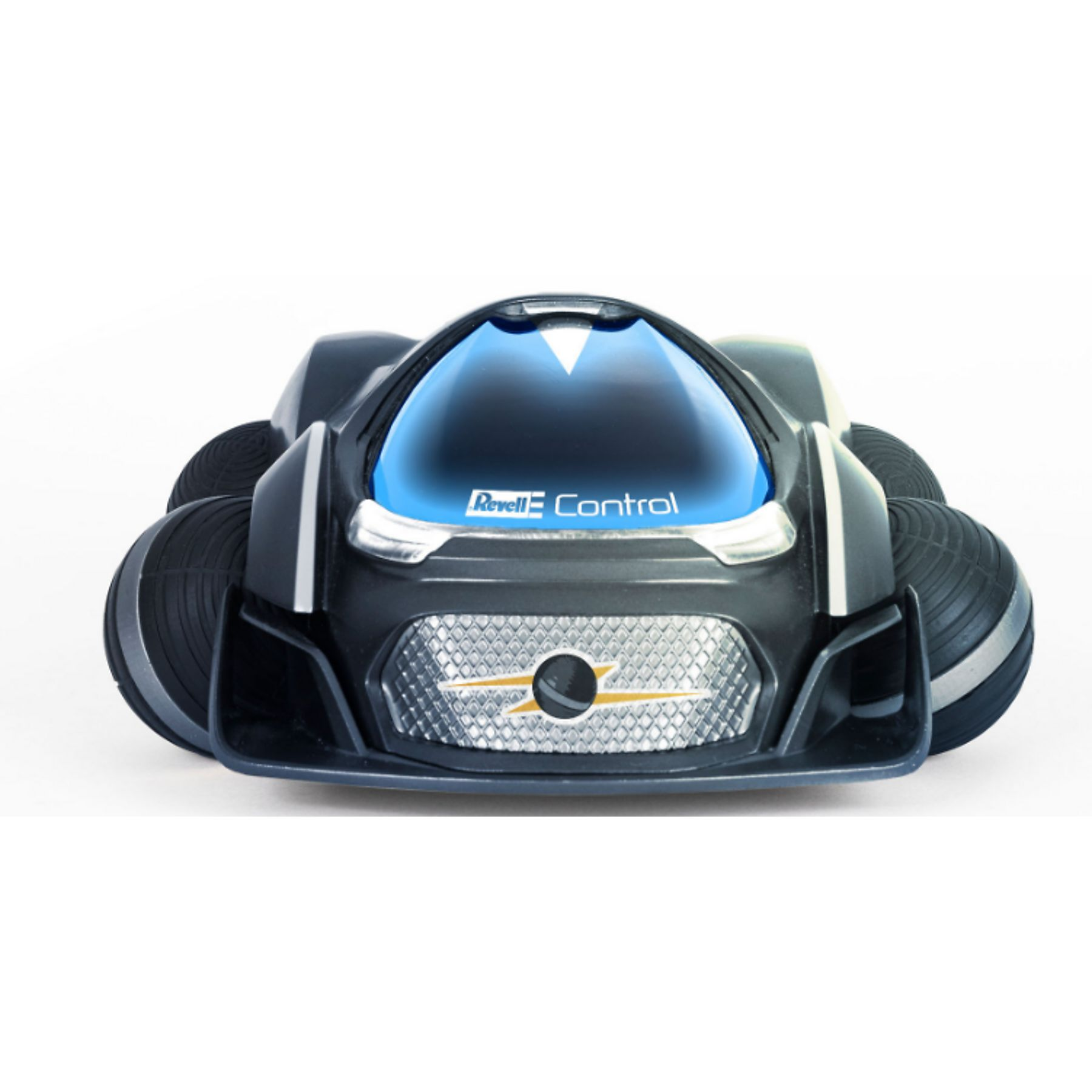 Ein schwarzes Spielzeugauto mit blauen Fenstern, silbernen Akzenten und einem silbernen Kühlergrill. Der Markenname ist sichtbar.