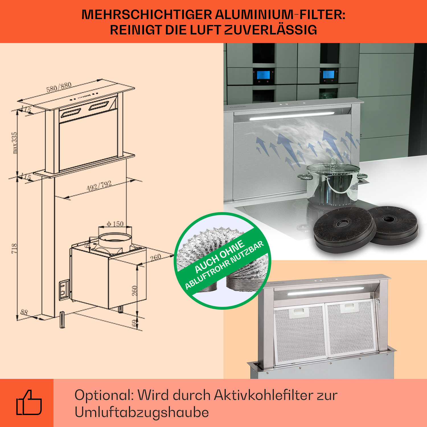Schema di una cappa da cucina con dimensioni. Inoltre, un'immagine della cappa e dei filtri a carbone. Testo: filtro in alluminio multistrato.