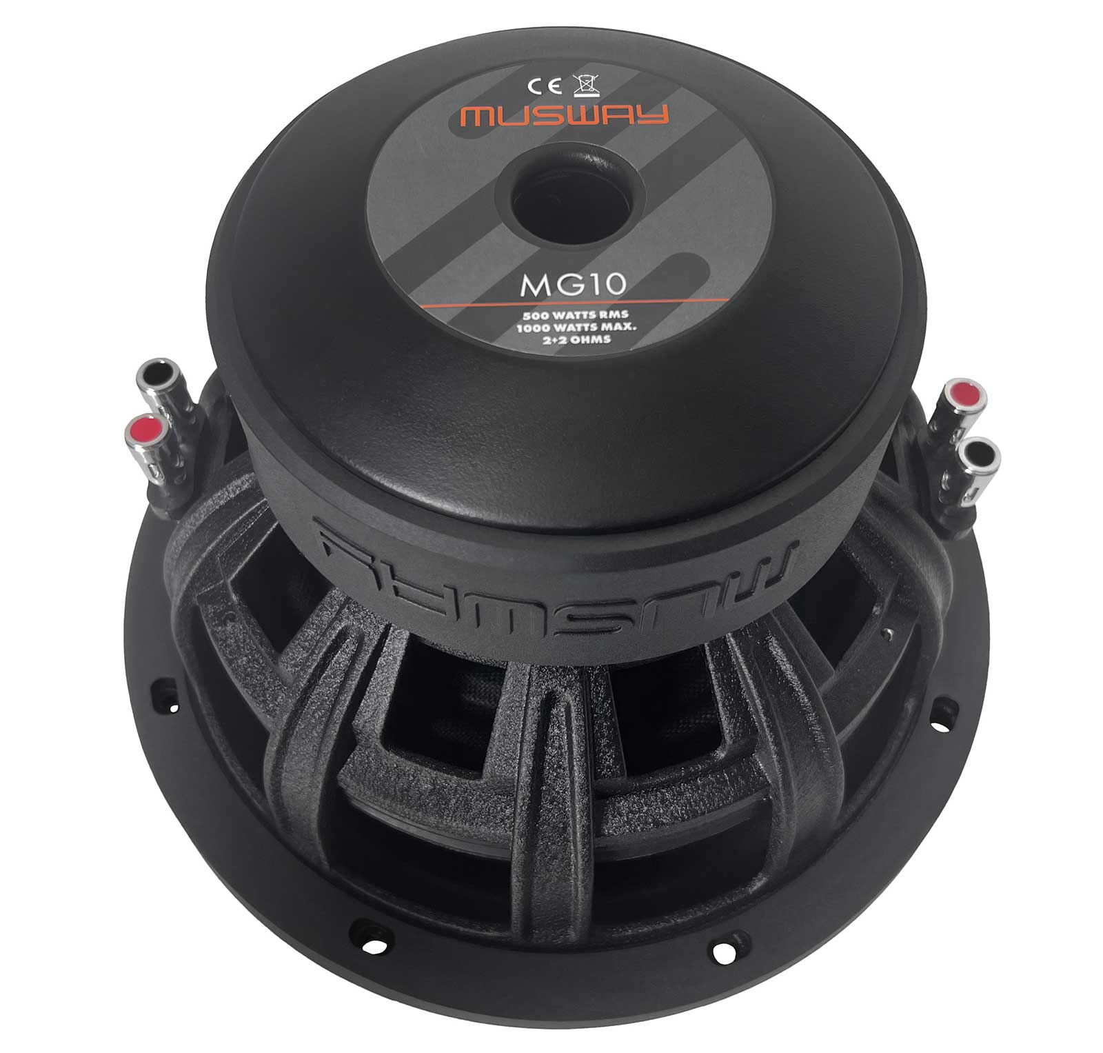 Schwarzer Musway MG10 Subwoofer. Oberseite mit Logo und Spezifikationen. Rote und silberne Anschlüsse. Käfigartiges Design.