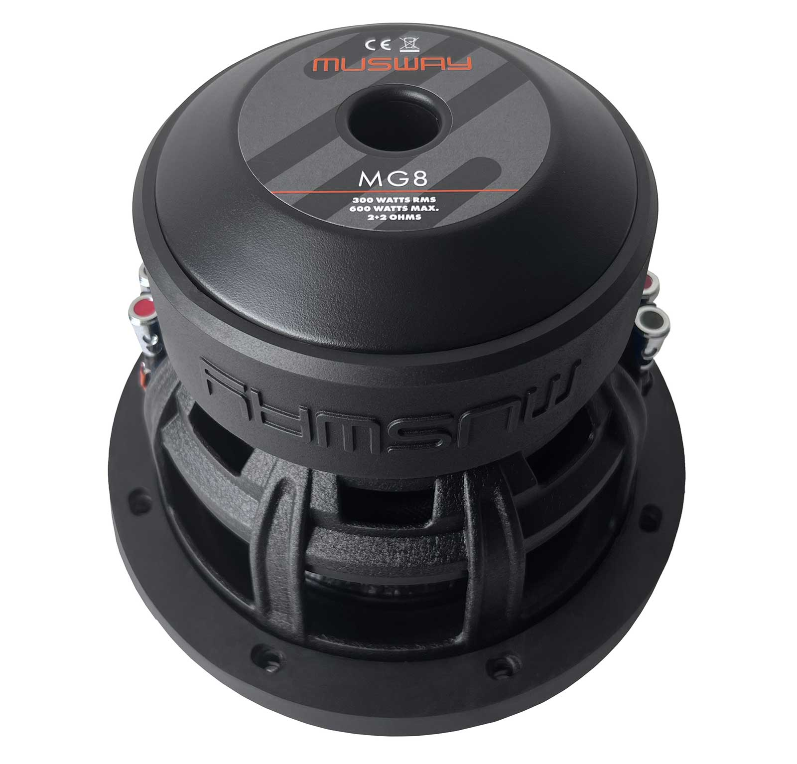 Schwarzer Subwoofer mit zentraler Öffnung. Mit Text 'MUSWAY' und 'MG8'. Details beinhalten Wattzahl und Ohm.