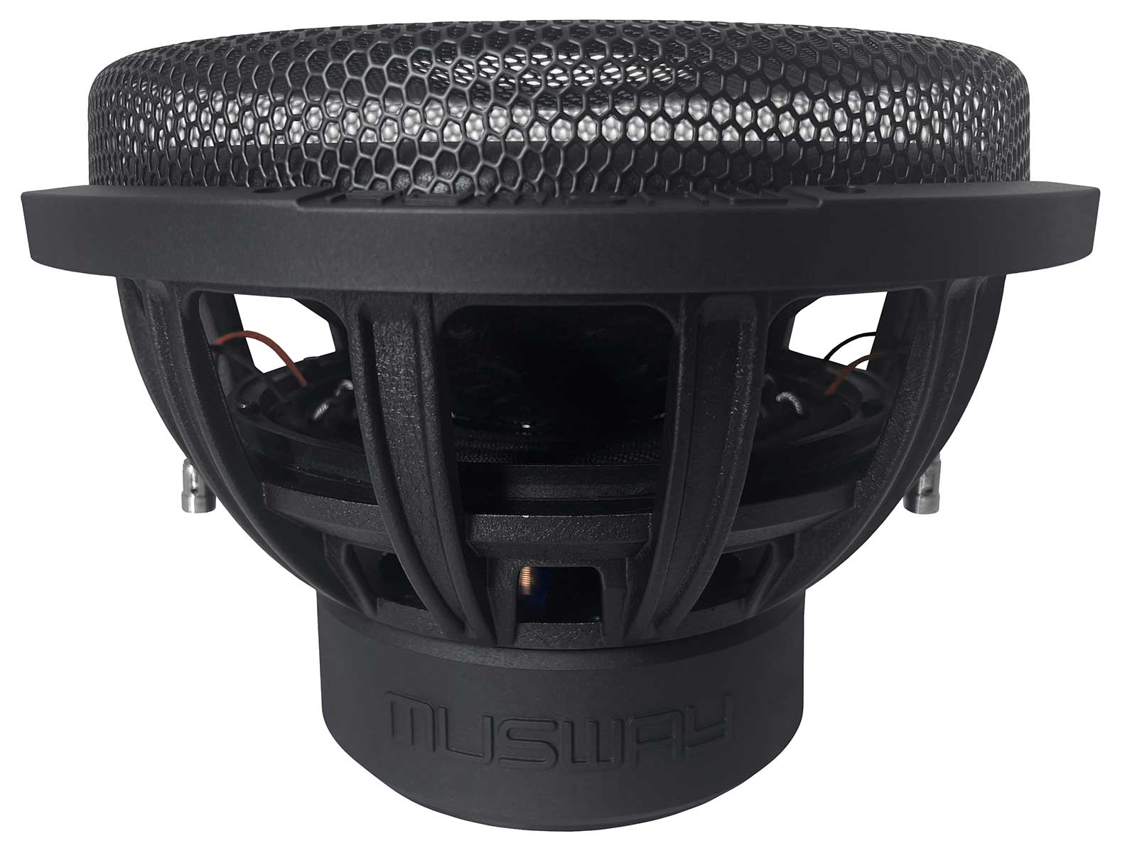 Ein schwarzer Subwoofer mit einem Mesh-Cover. Der Markenname 'MUSWAY' ist unten sichtbar.
