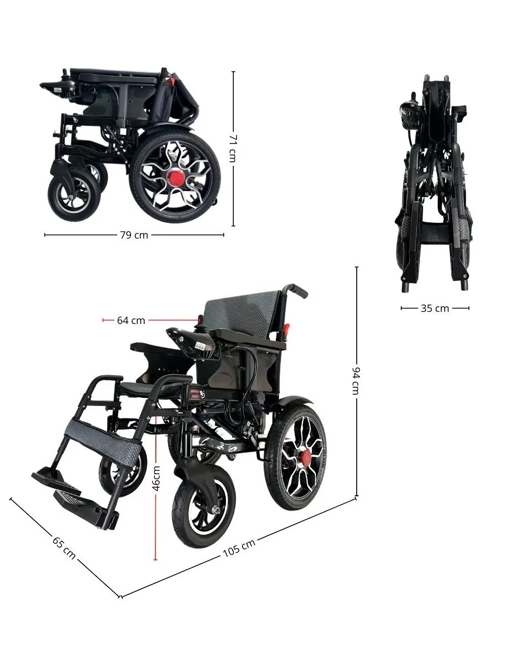 Silla de ruedas eléctrica negra con dimensiones indicadas. Las ruedas tienen tapacubos rojos. Se muestran vistas plegadas y abiertas.