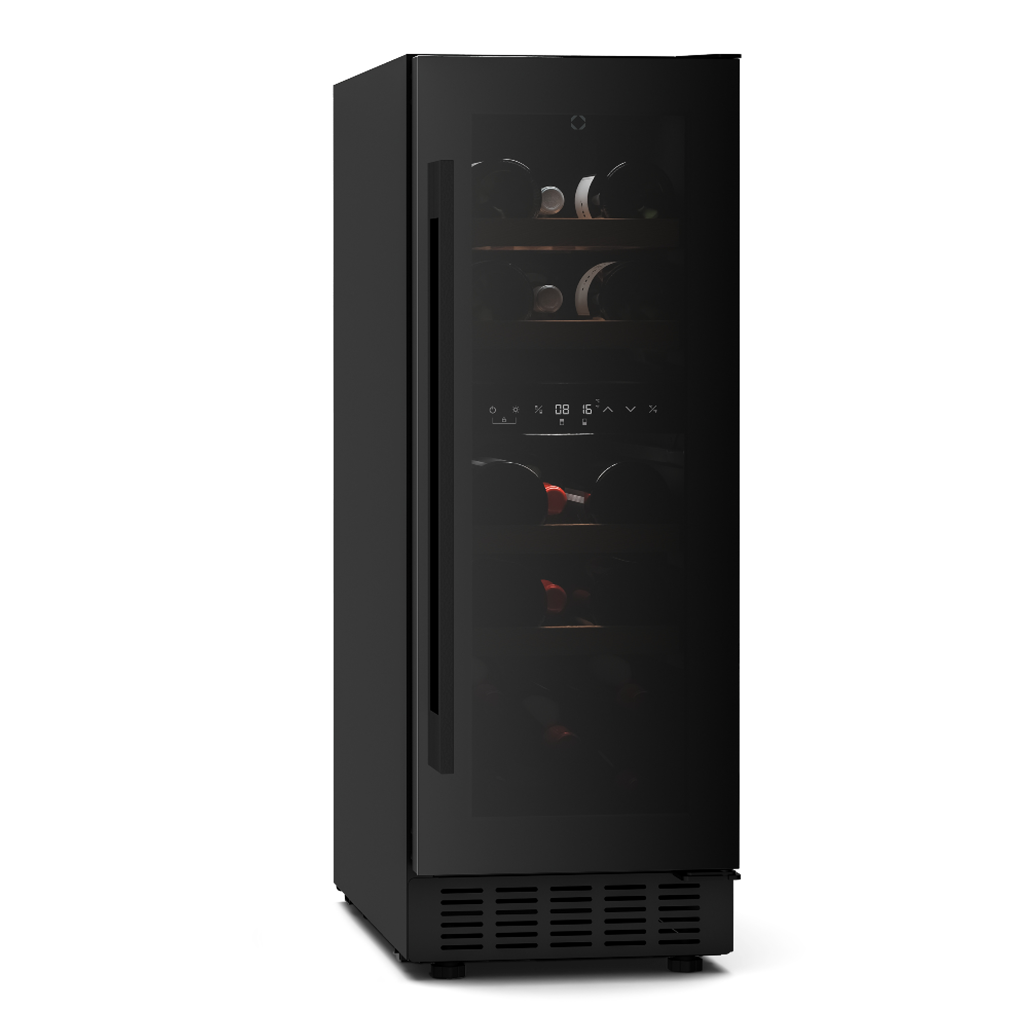 Un refrigeratore per vino nero con porta a vetro. All'interno ci sono diverse bottiglie di vino su ripiani in legno. Il refrigeratore è su sfondo bianco.