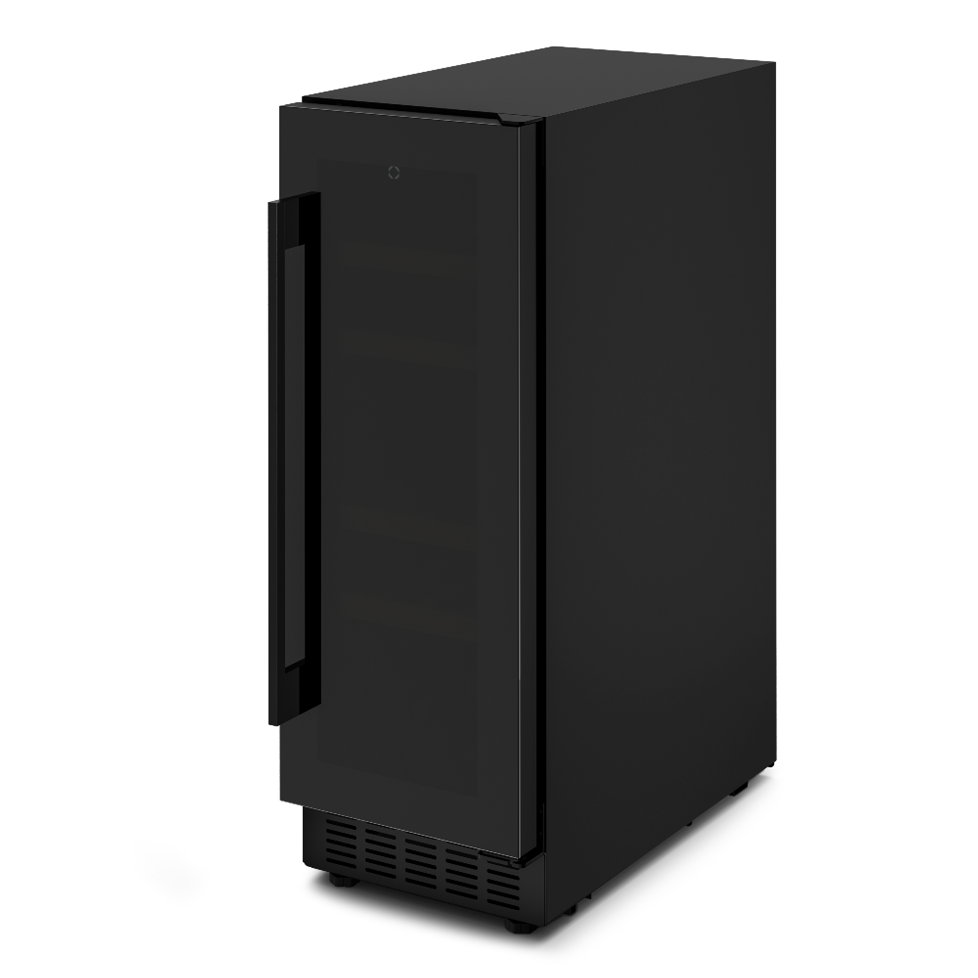 Un mini-frigorifero nero con porta a vetri e maniglia su sfondo bianco. Il frigorifero è chiuso.