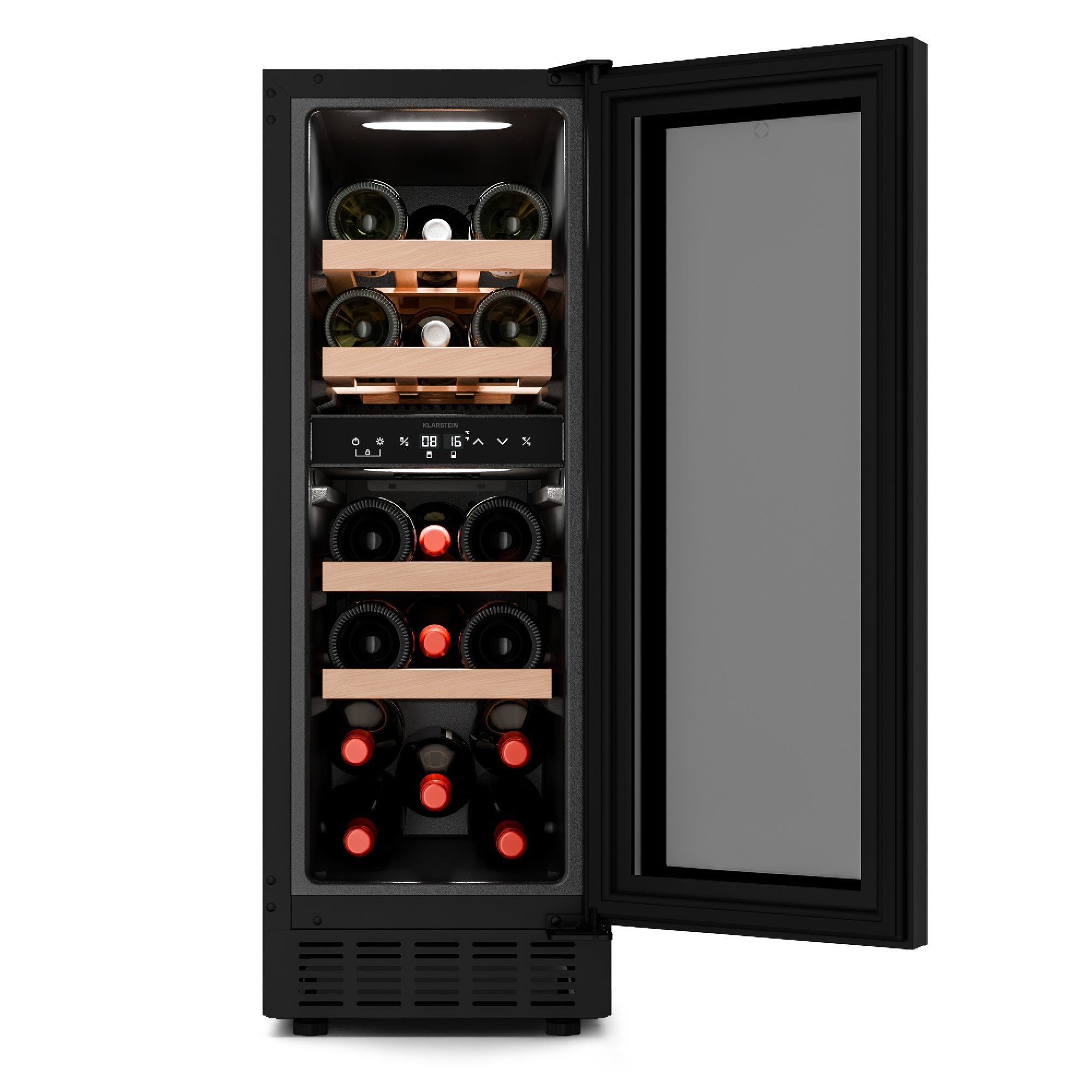 Un refrigeratore per vino nero con porta aperta, che mostra bottiglie di vino su ripiani in legno. Un display digitale è visibile.