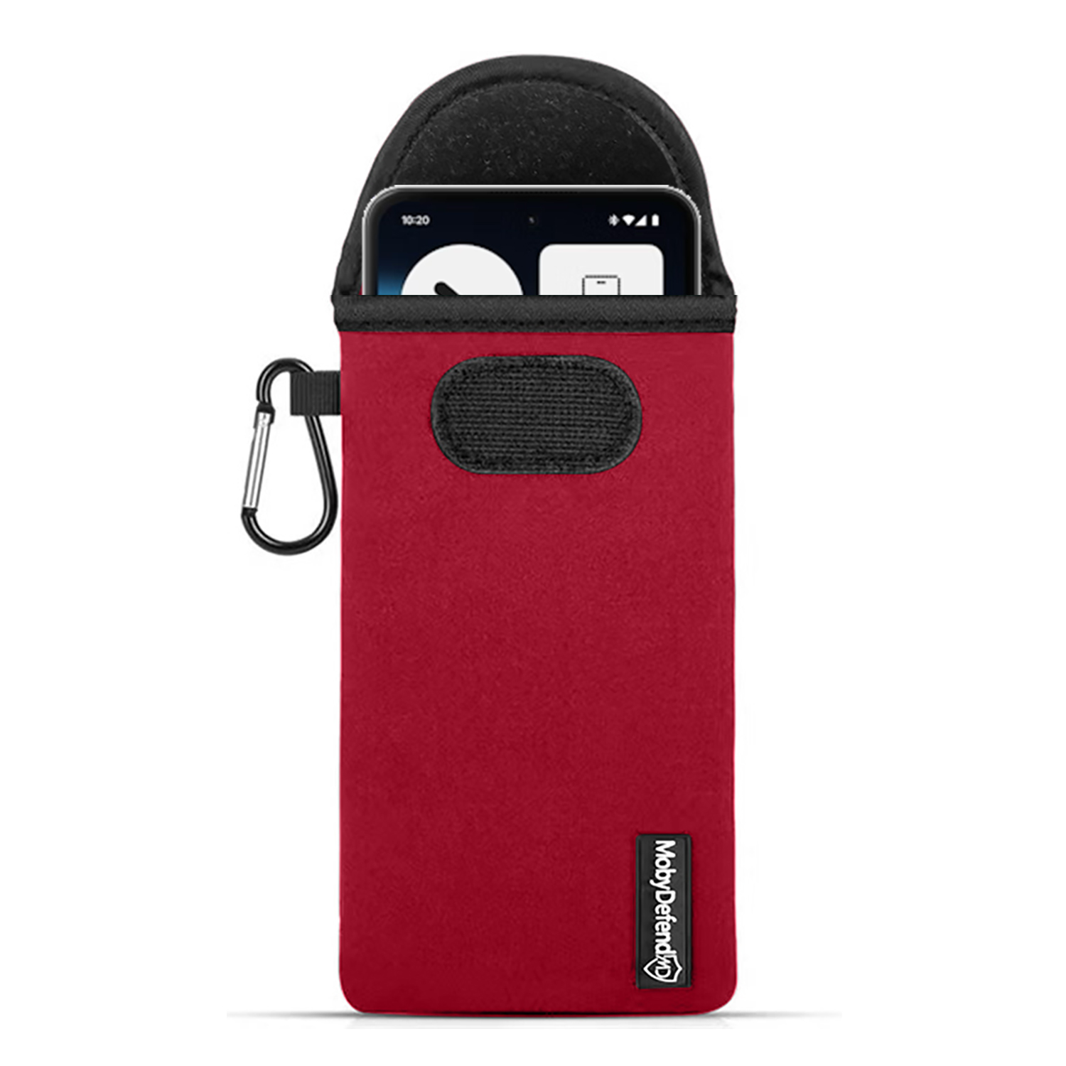 Een rode telefoonhoes met een telefoon erin. Het heeft een zwarte bovenkant, een zwarte band en een karabijnhaak.
