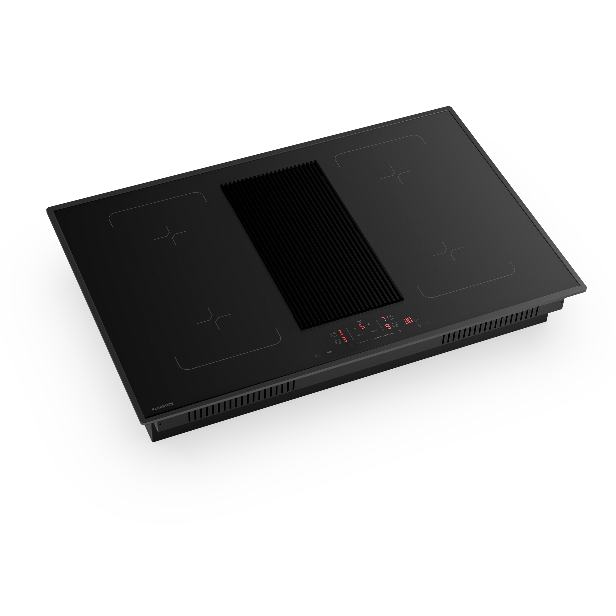 Un piano cottura a induzione nero con ventola integrata. Ha quattro zone cottura e un display digitale.