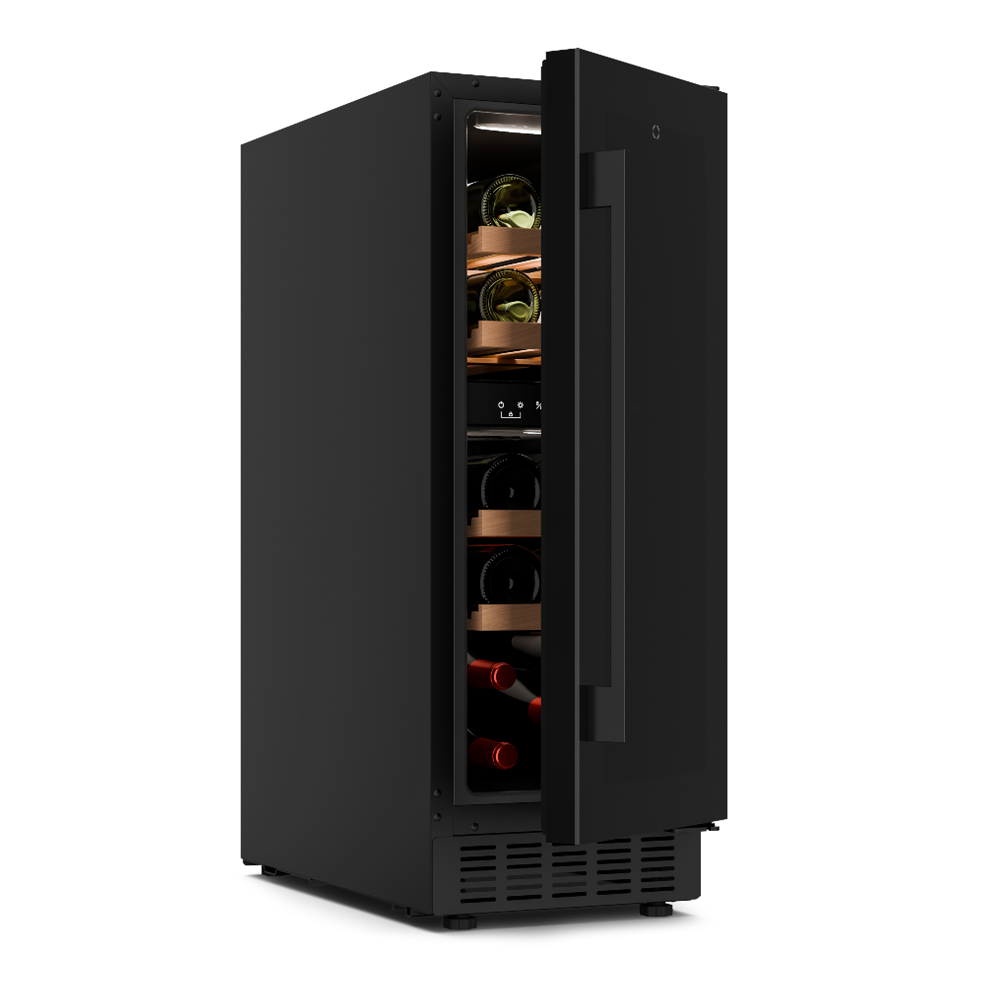 Cantinetta nera con porta aperta, che mostra bottiglie su ripiani in legno. Lo sfondo è bianco.