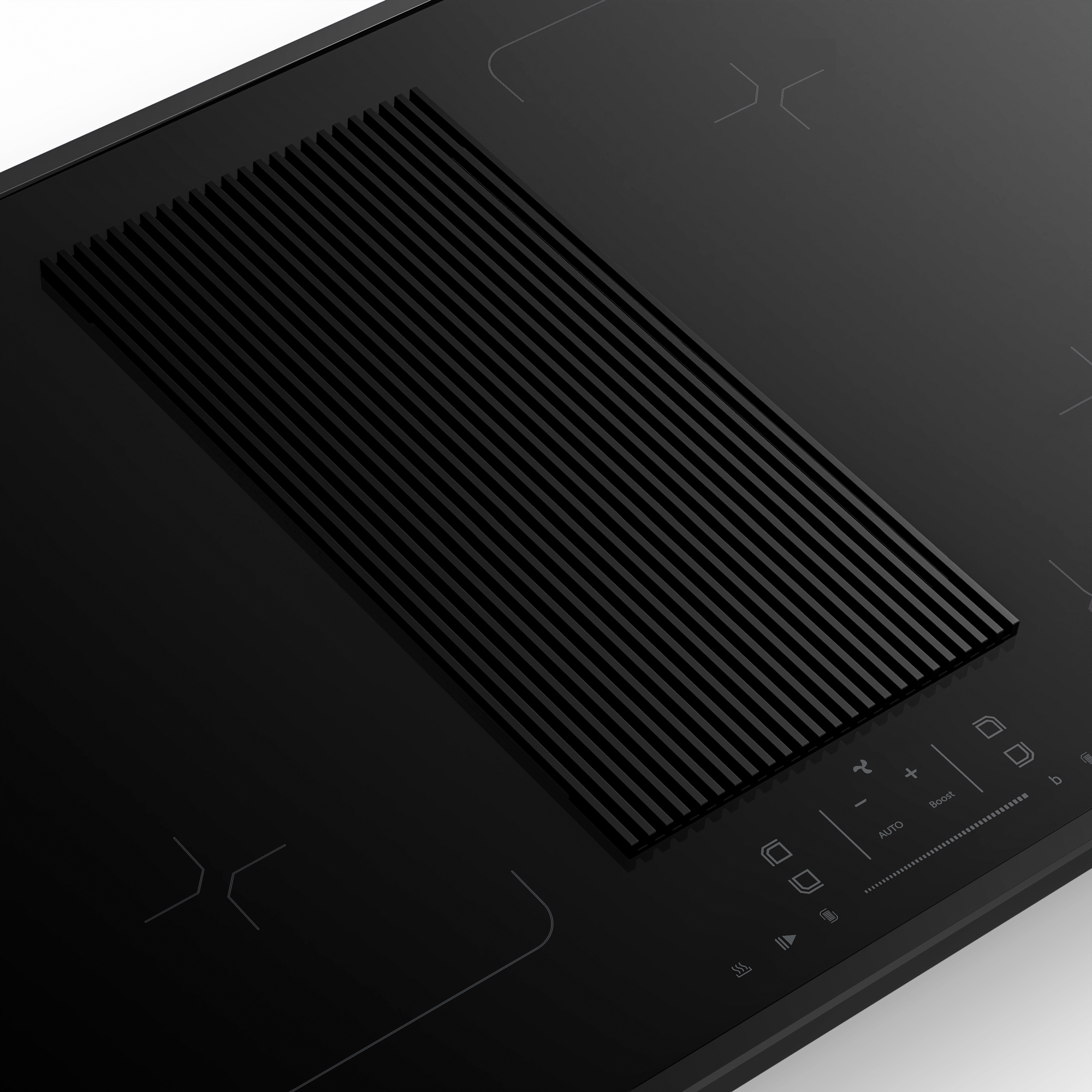 Primo piano di un piano cottura a induzione nero con ventola integrata. Presenta comandi touch e un coperchio della ventola a fessura.