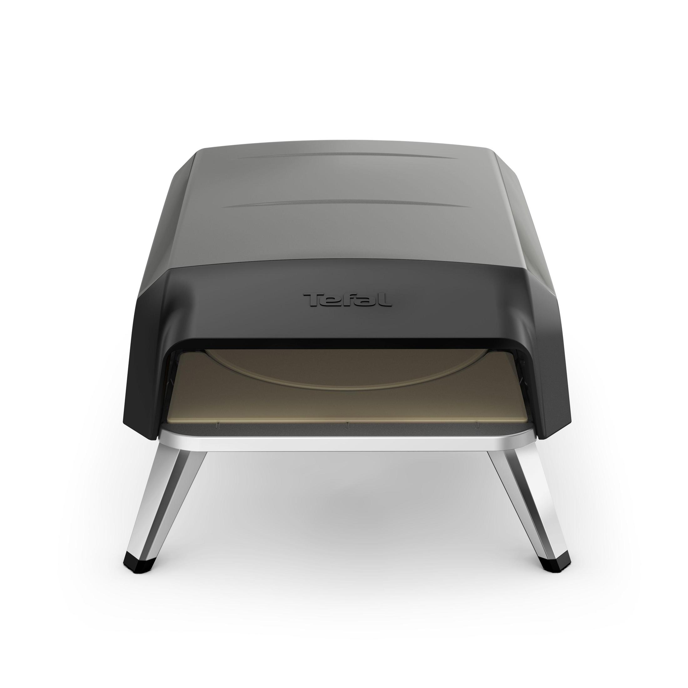 Ein Tefal-Pizzaofen auf weißem Hintergrund. Er hat eine graue Oberseite, eine schwarze Vorderseite, silberne Beine und einen beigen Innenraum.