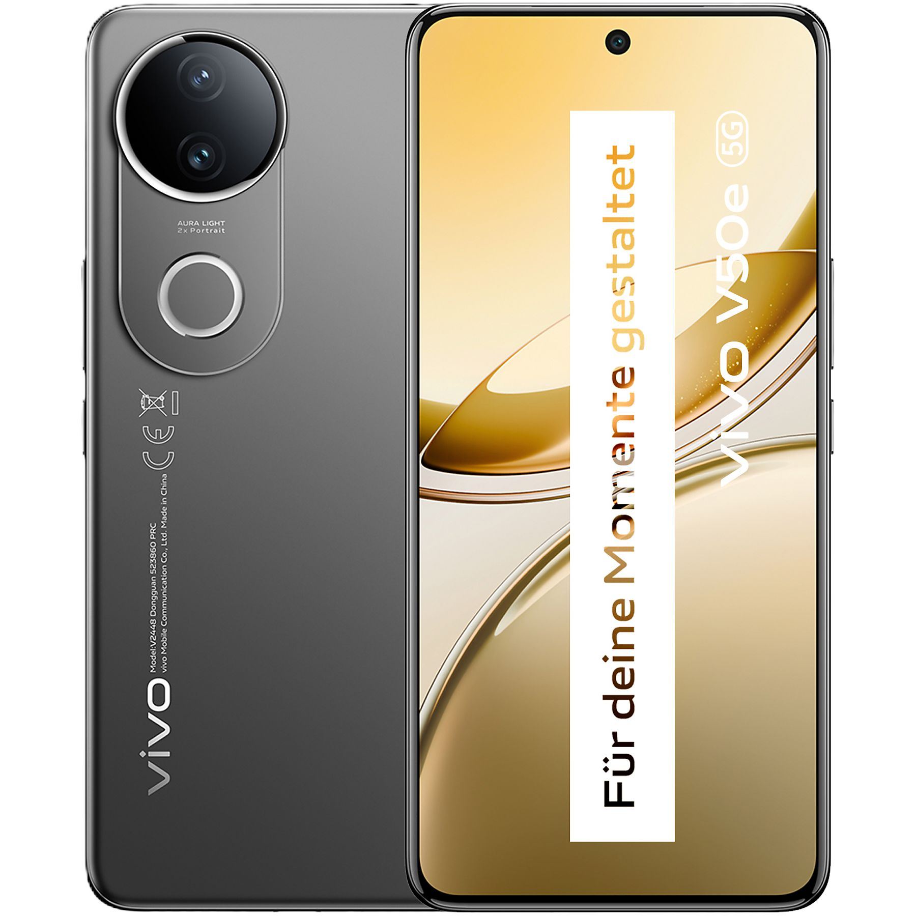 Graues Vivo V50e 5G Smartphone. Es hat einen Kamerabuckel und einen Bildschirm mit Text. Das Telefon ist in einer Studioaufnahme.
