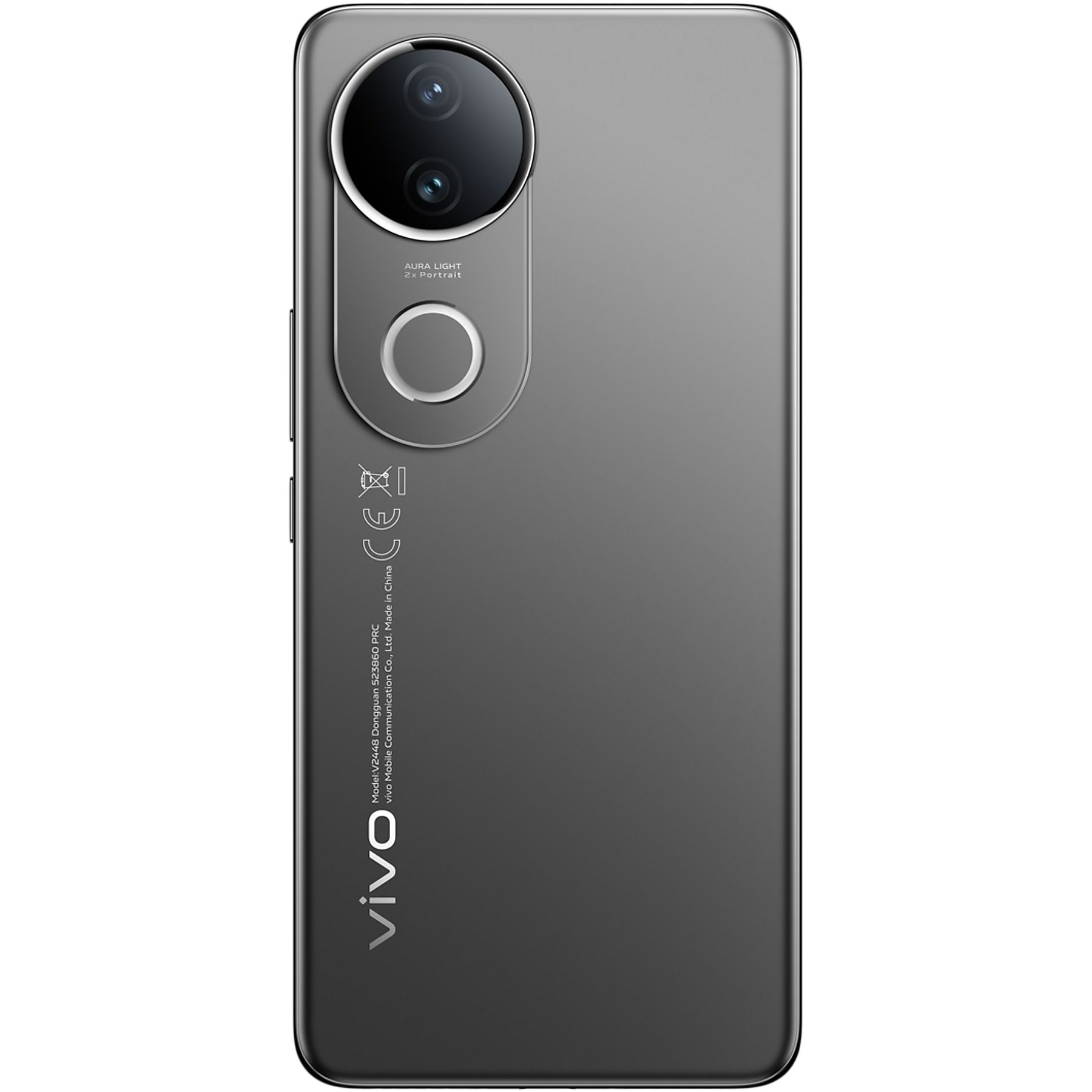 Rückseite eines grauen Smartphones mit Kameralinsen, Aura-Licht und Vivo-Logo. Informationstext sichtbar.