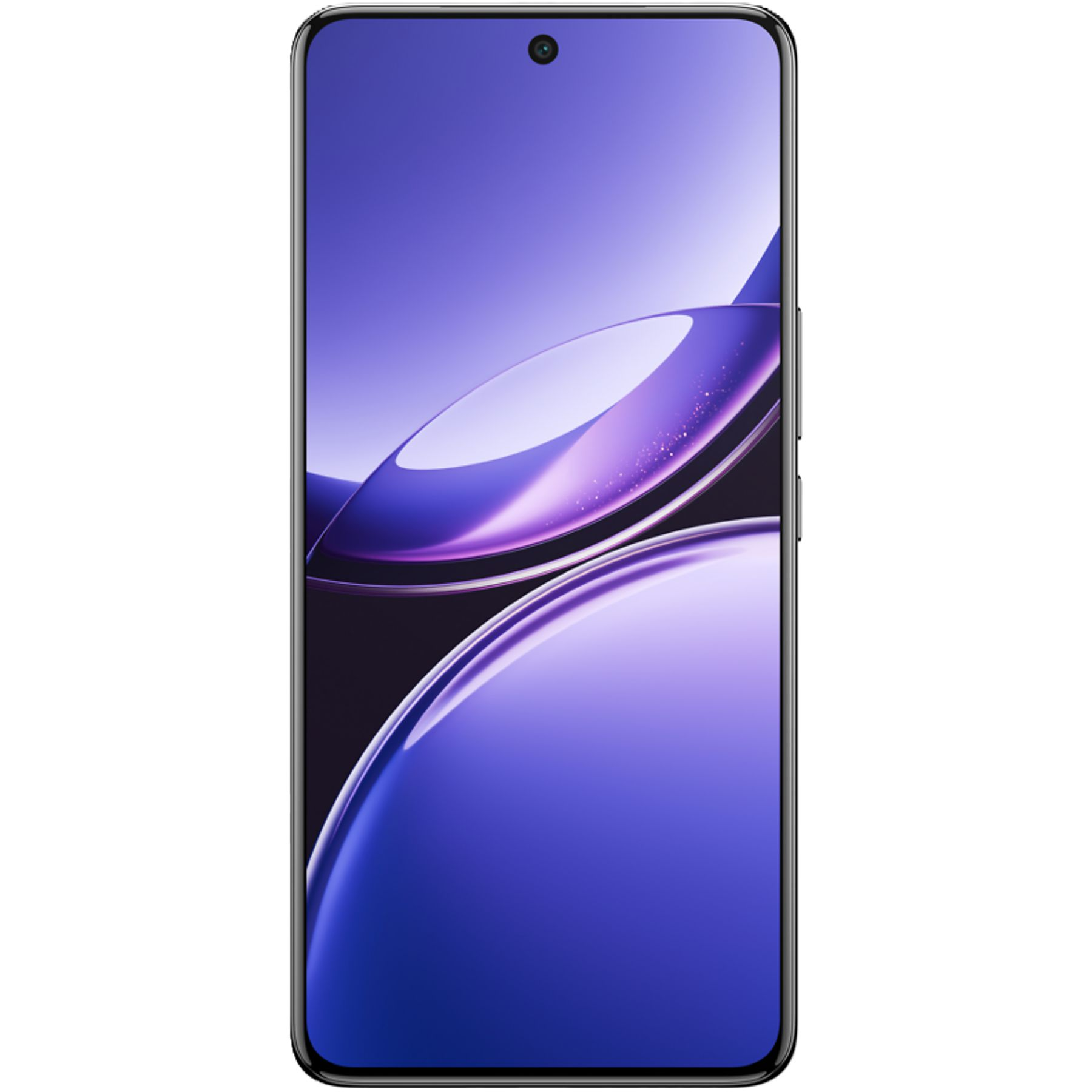 Ein Smartphone mit gebogenem Bildschirm zeigt ein violettes, abstraktes Design. Das Telefon hat einen schwarzen Rand und eine Kamera.