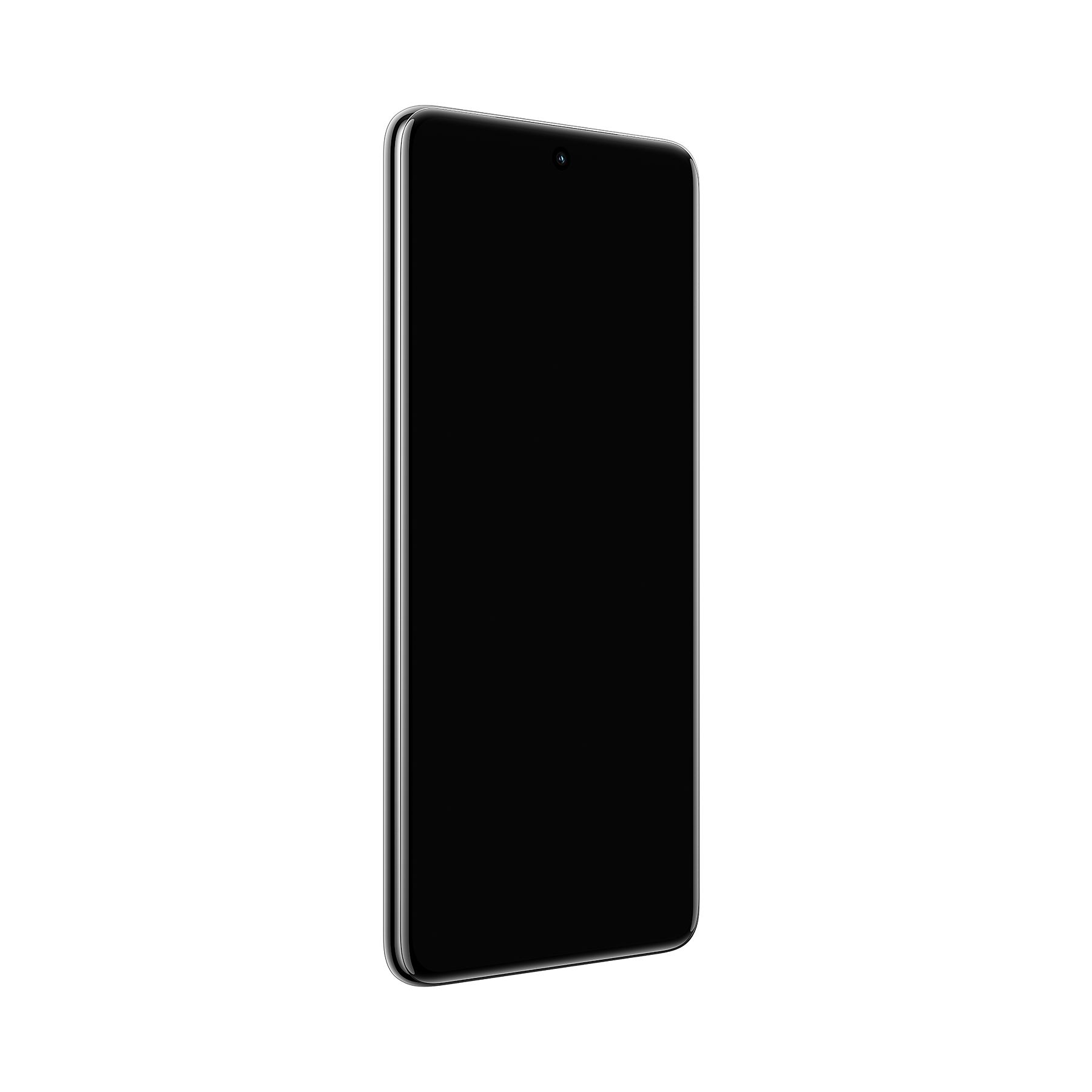 Gezeigt wird ein Smartphone mit schwarzem Bildschirm. Es hat einen silbernen Rahmen und einen weißen Hintergrund.