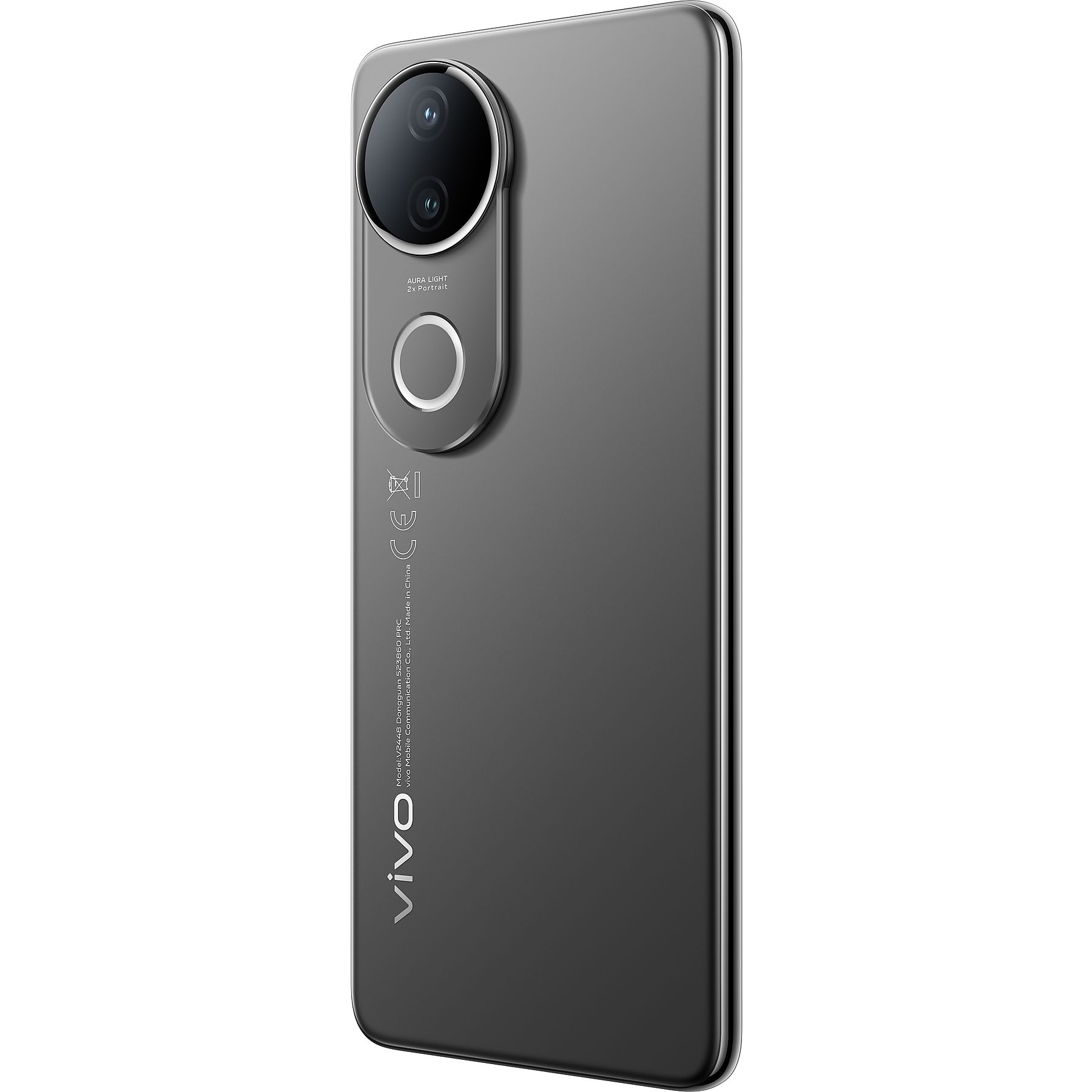 Ein graues Smartphone mit Kameramodul. Das Modul enthält zwei Objektive, ein Auralicht und ein kreisförmiges Design.
